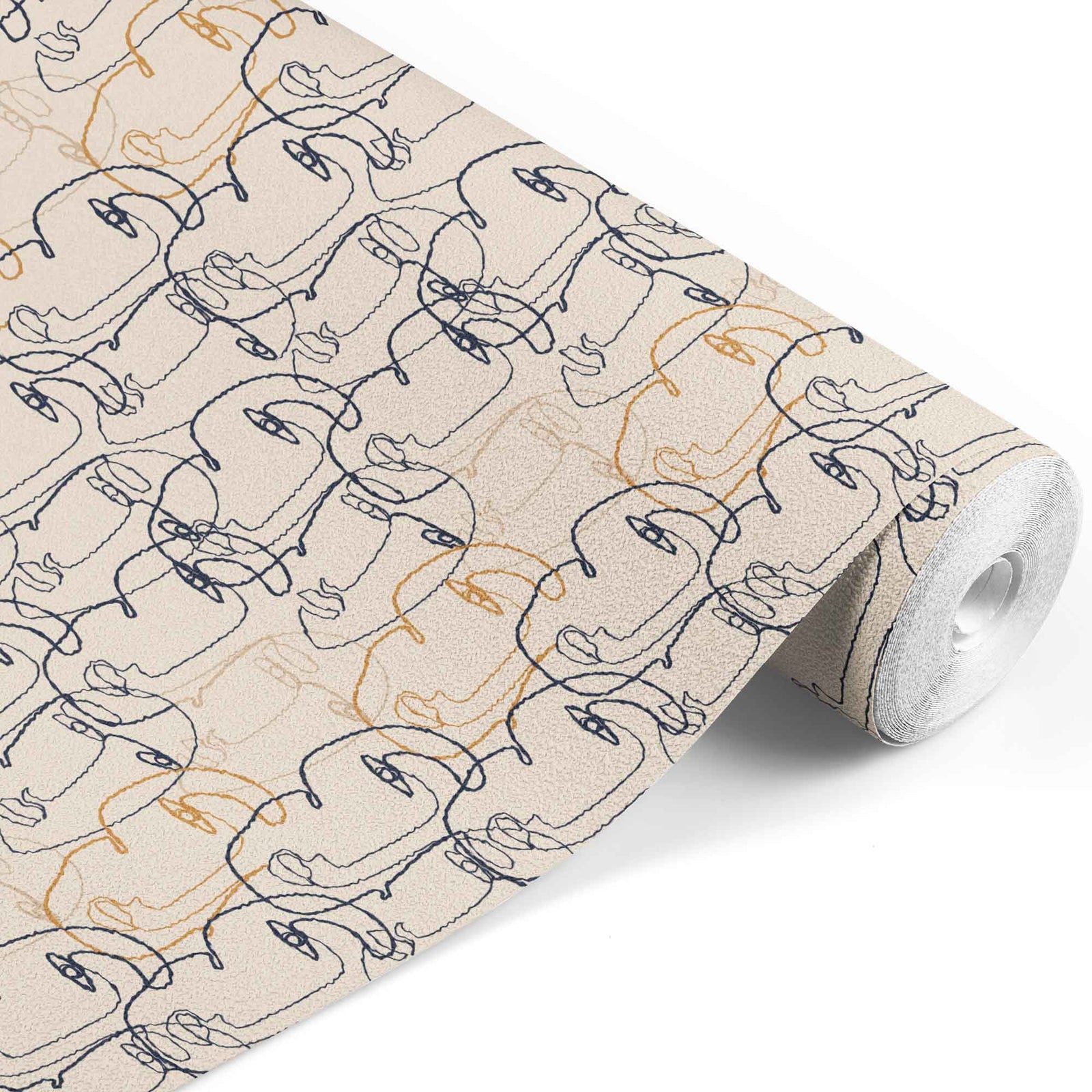 tan_A wallpaper with a pattern of abstract faces in black and gold on a beige background.