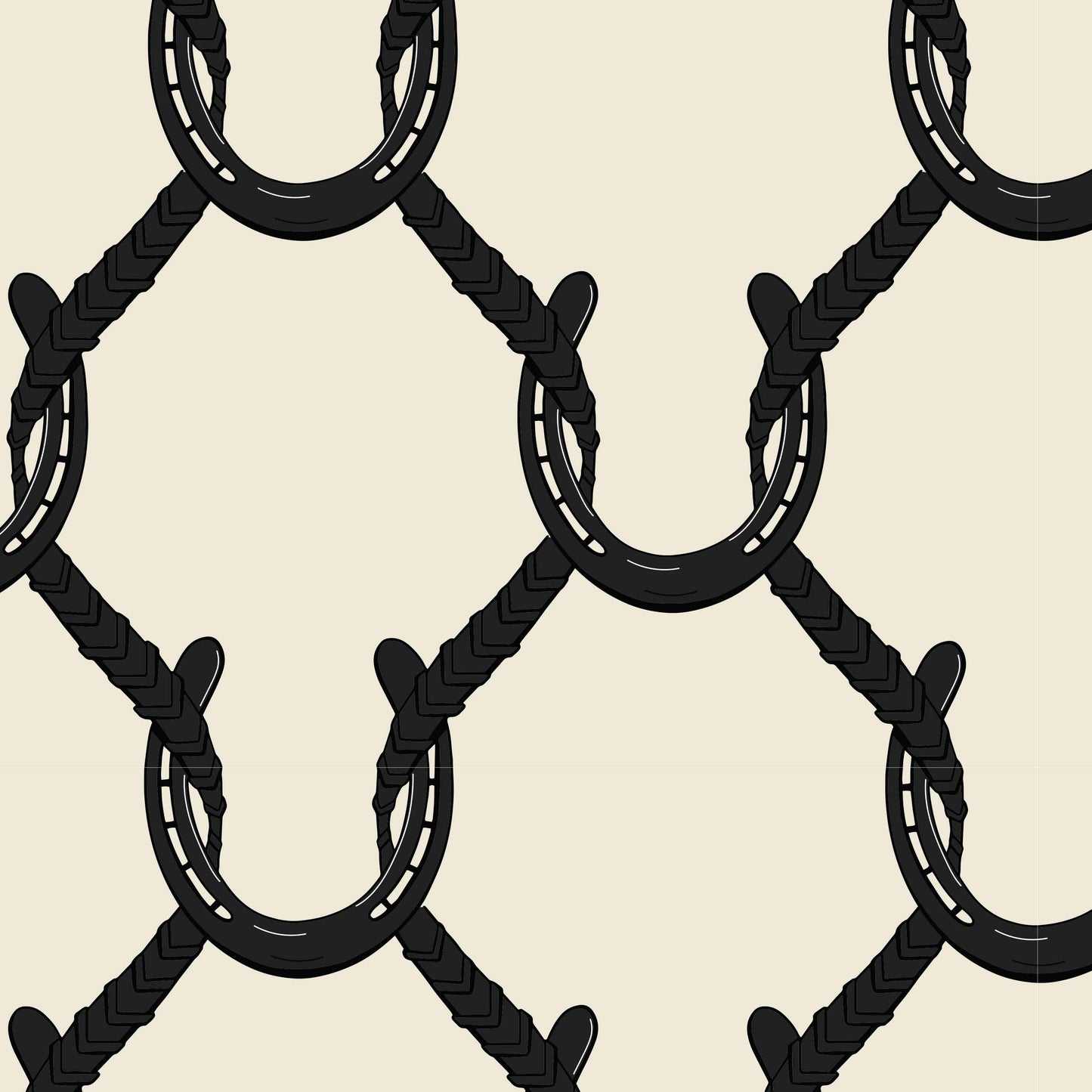 black_A roll of wallpaper with a beige and black geometric pattern featuring shapes resembling horseshoes, consistent with equestrian themes.