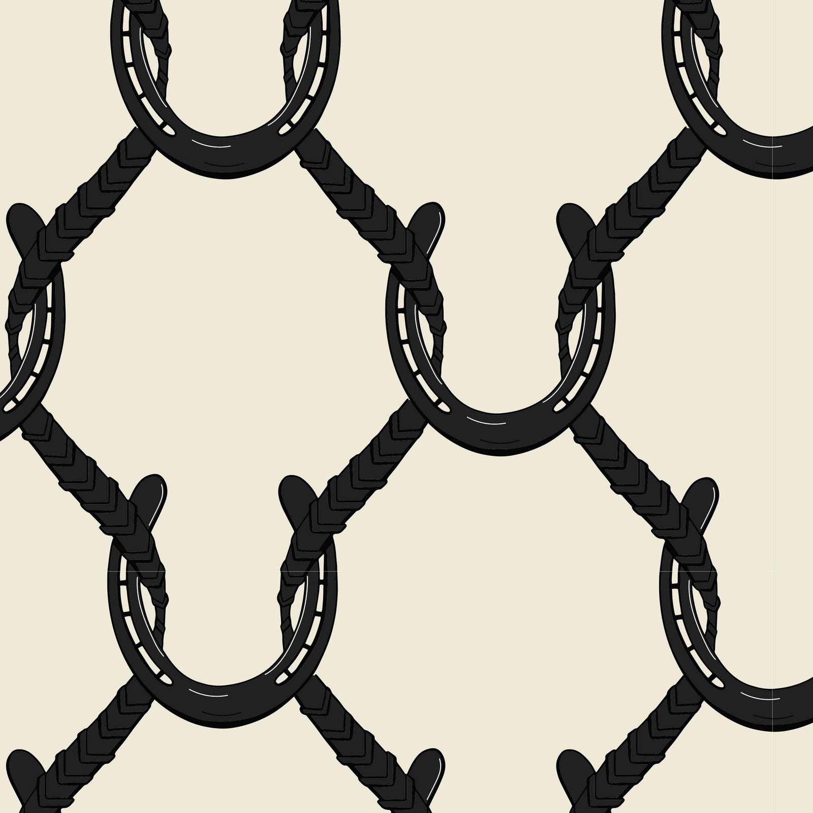 black_A roll of wallpaper with a beige and black geometric pattern featuring shapes resembling horseshoes, consistent with equestrian themes.