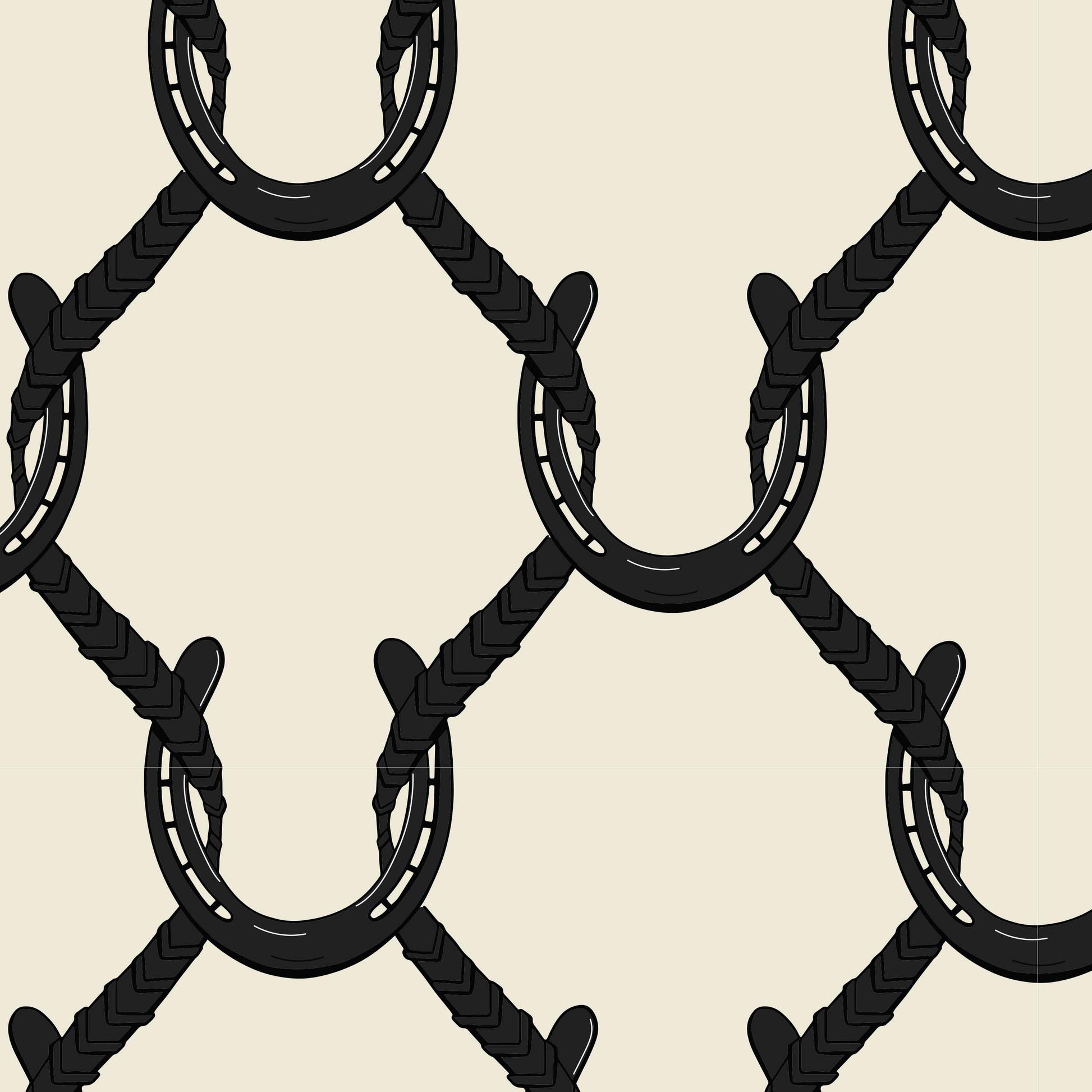 black_A roll of wallpaper with a beige and black geometric pattern featuring shapes resembling horseshoes, consistent with equestrian themes.