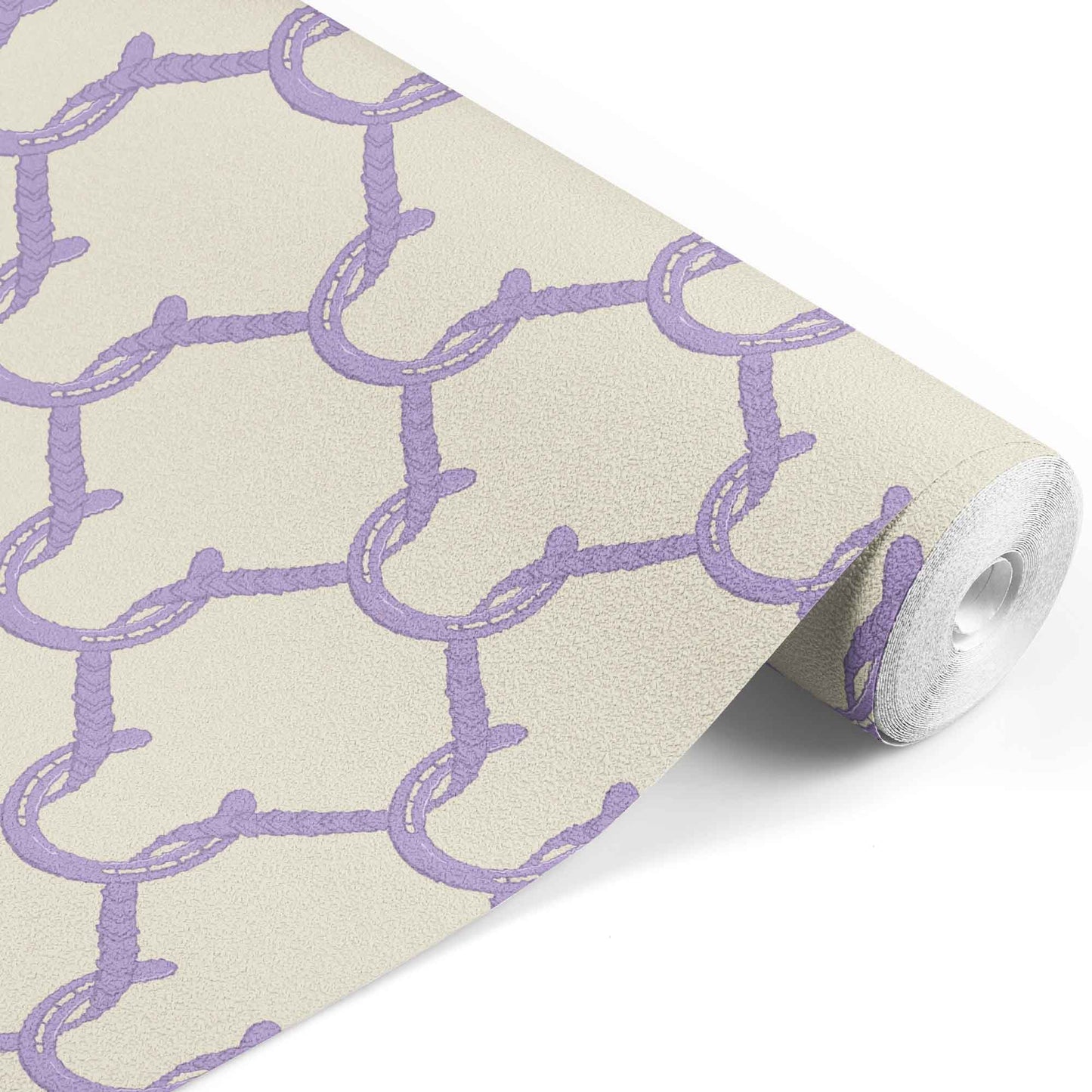 lilac_A roll of wallpaper with a beige and lilac geometric pattern featuring shapes resembling horseshoes, consistent with equestrian themes.