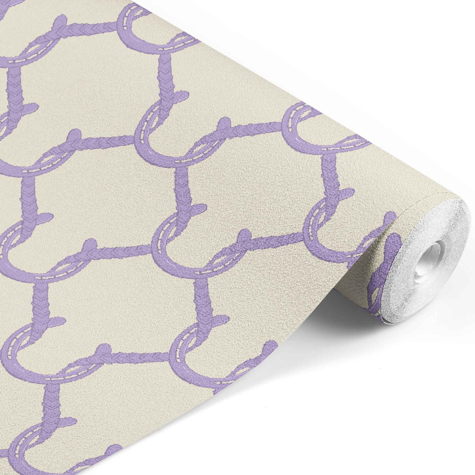 lilac_A roll of wallpaper with a beige and lilac geometric pattern featuring shapes resembling horseshoes, consistent with equestrian themes.
