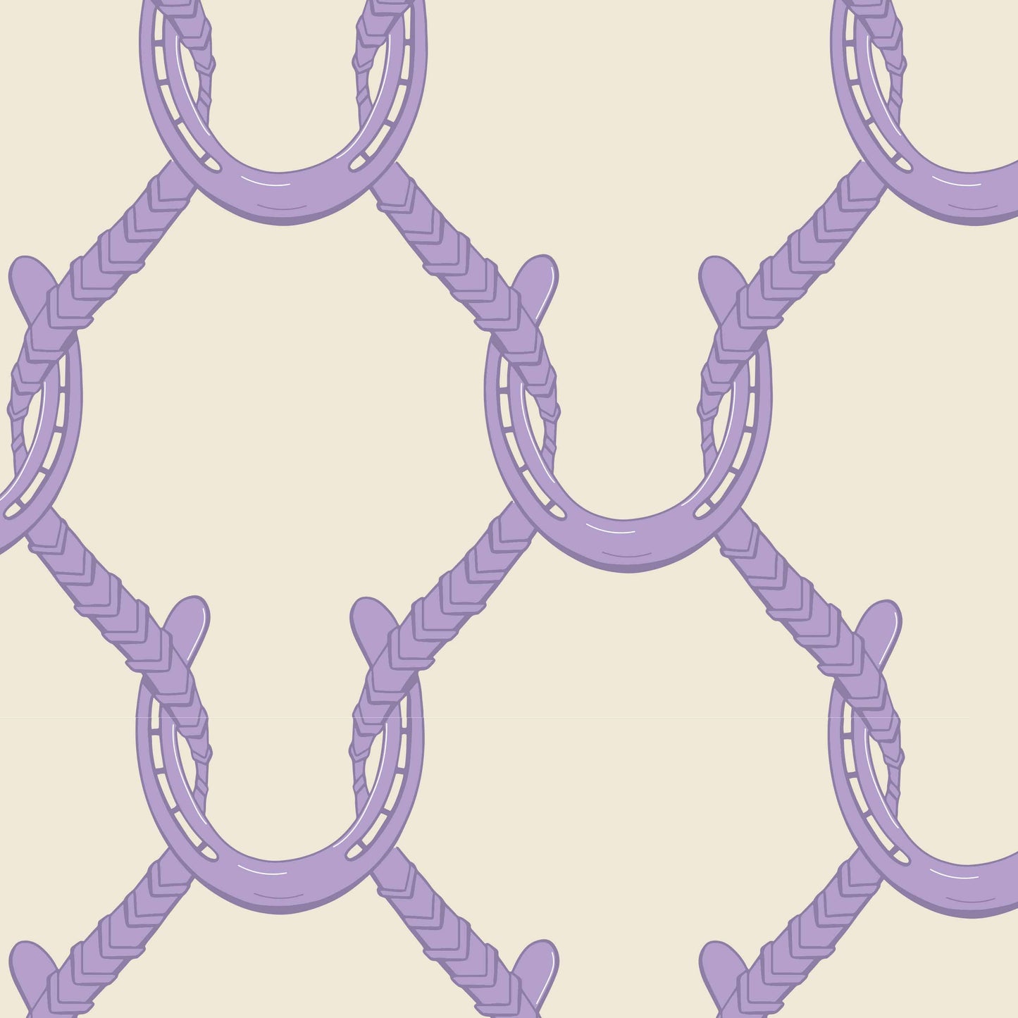 lilac_A roll of wallpaper with a beige and lilac geometric pattern featuring shapes resembling horseshoes, consistent with equestrian themes.