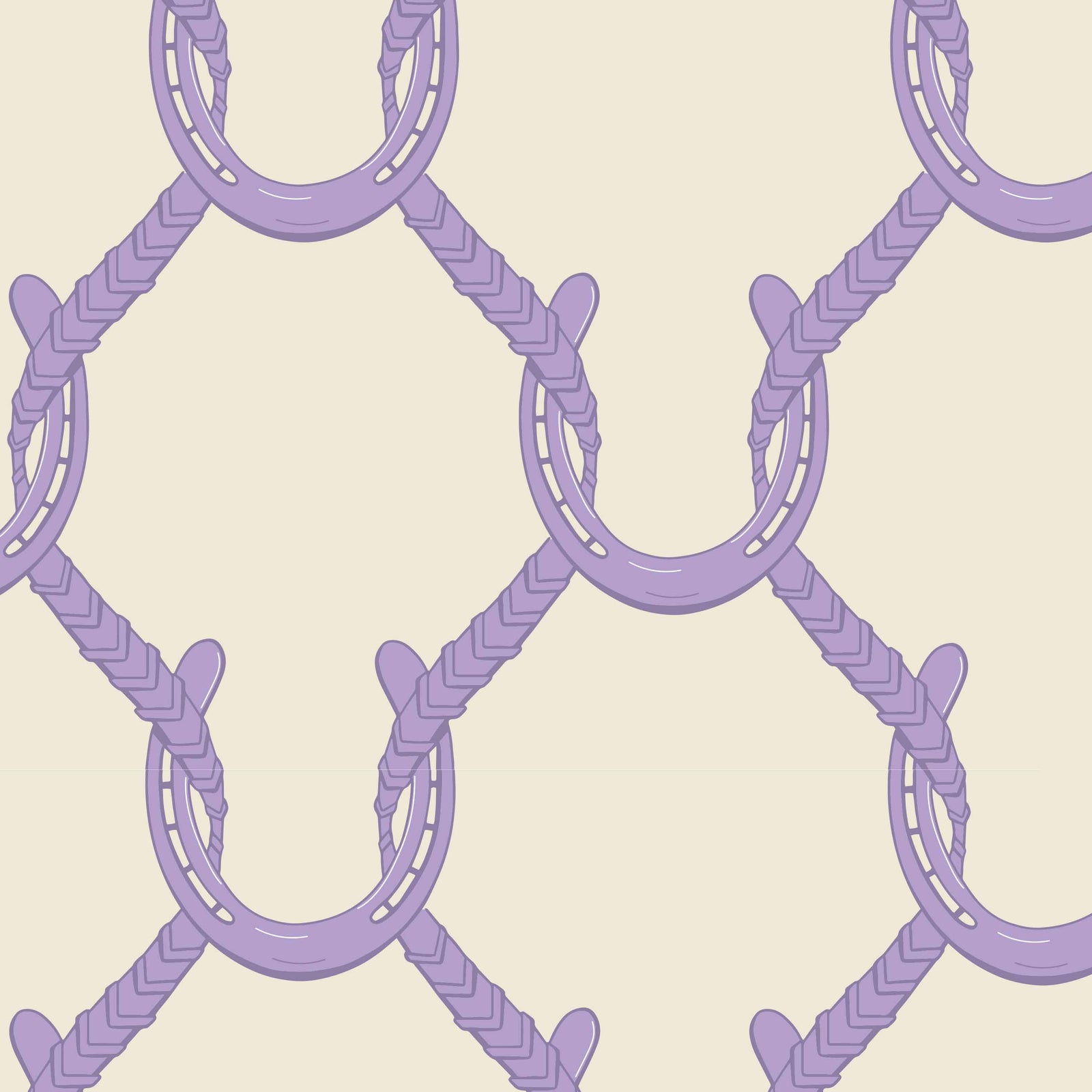 lilac_A roll of wallpaper with a beige and lilac geometric pattern featuring shapes resembling horseshoes, consistent with equestrian themes.