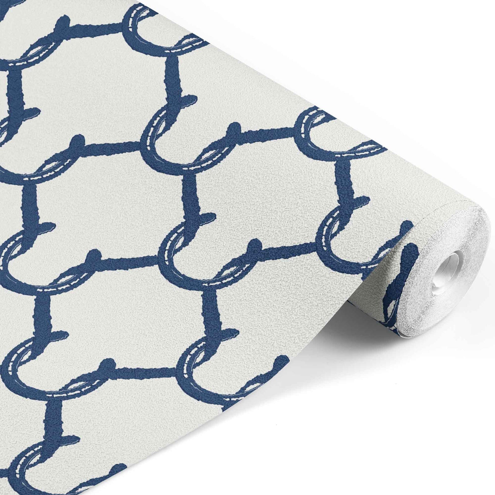 navy_A roll of wallpaper with a beige and navy geometric pattern featuring shapes resembling horseshoes, consistent with equestrian themes.