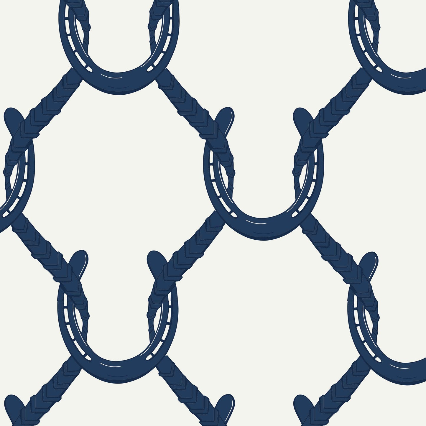 navy_A roll of wallpaper with a beige and navy geometric pattern featuring shapes resembling horseshoes, consistent with equestrian themes.