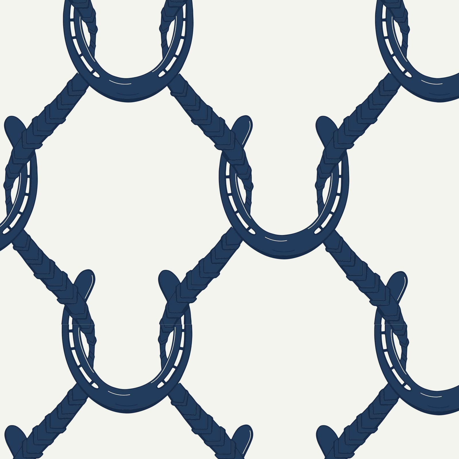 navy_A roll of wallpaper with a beige and navy geometric pattern featuring shapes resembling horseshoes, consistent with equestrian themes.