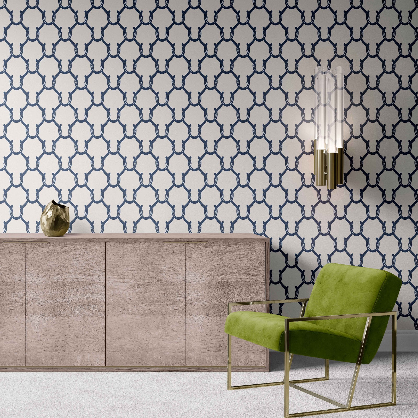 navy_A roll of wallpaper with a beige and navy geometric pattern featuring shapes resembling horseshoes, consistent with equestrian themes.