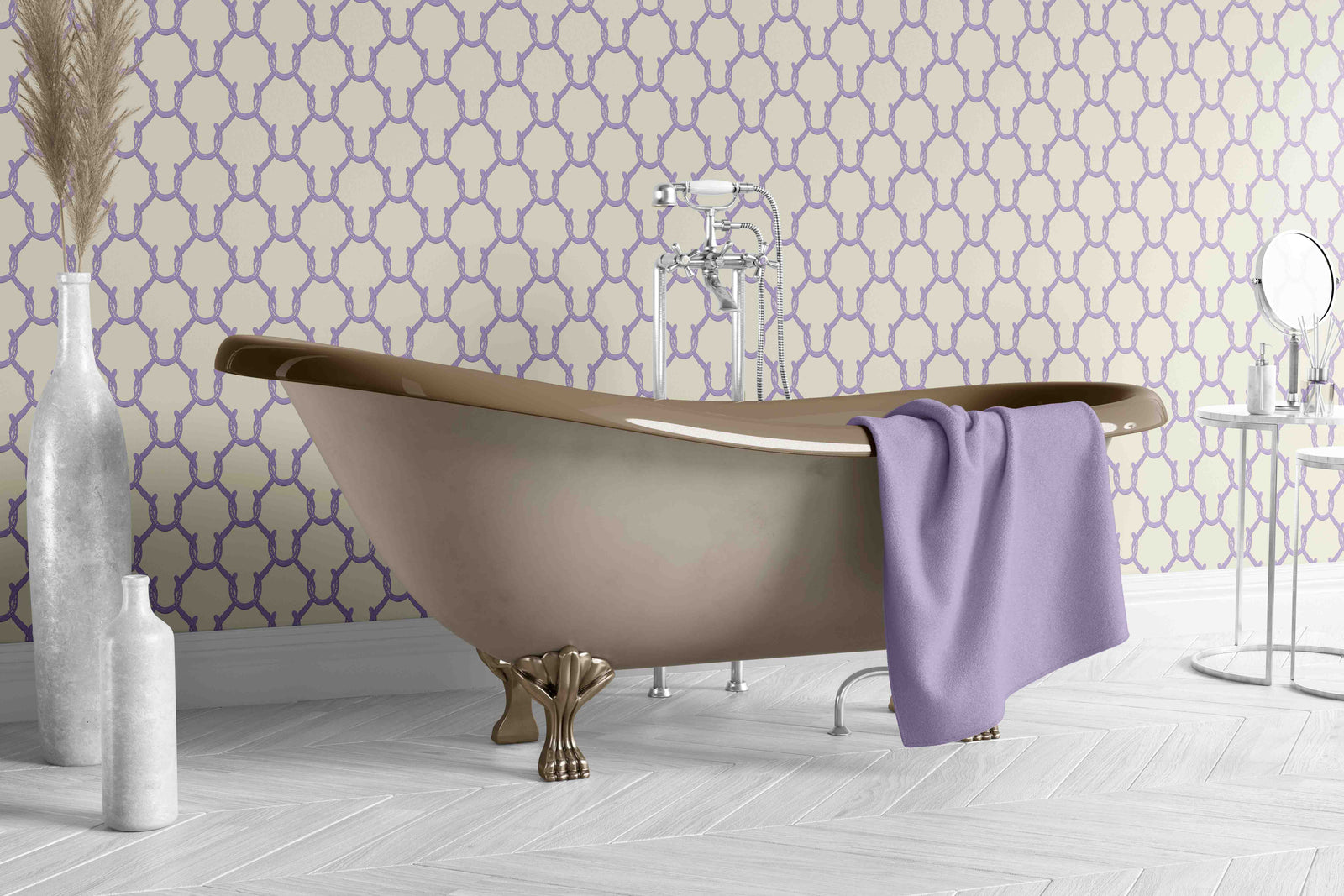 lilac_A roll of wallpaper with a beige and lilac geometric pattern featuring shapes resembling horseshoes, consistent with equestrian themes.