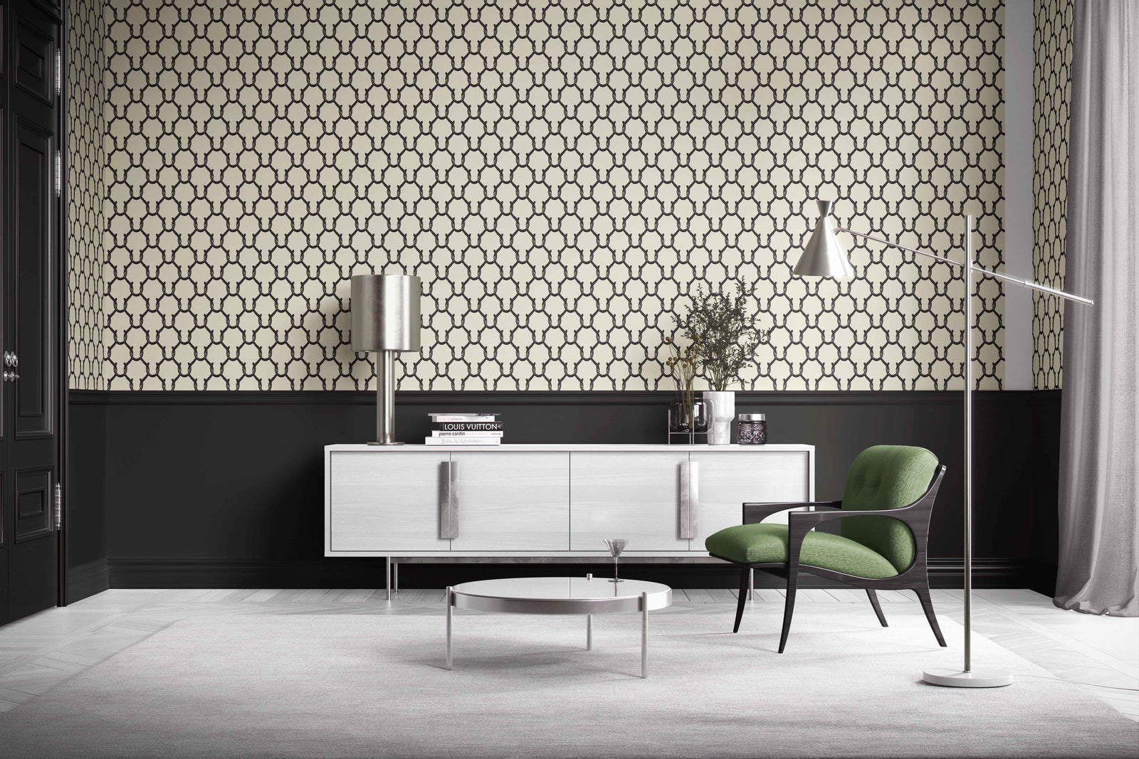 black_A roll of wallpaper with a beige and black geometric pattern featuring shapes resembling horseshoes, consistent with equestrian themes.