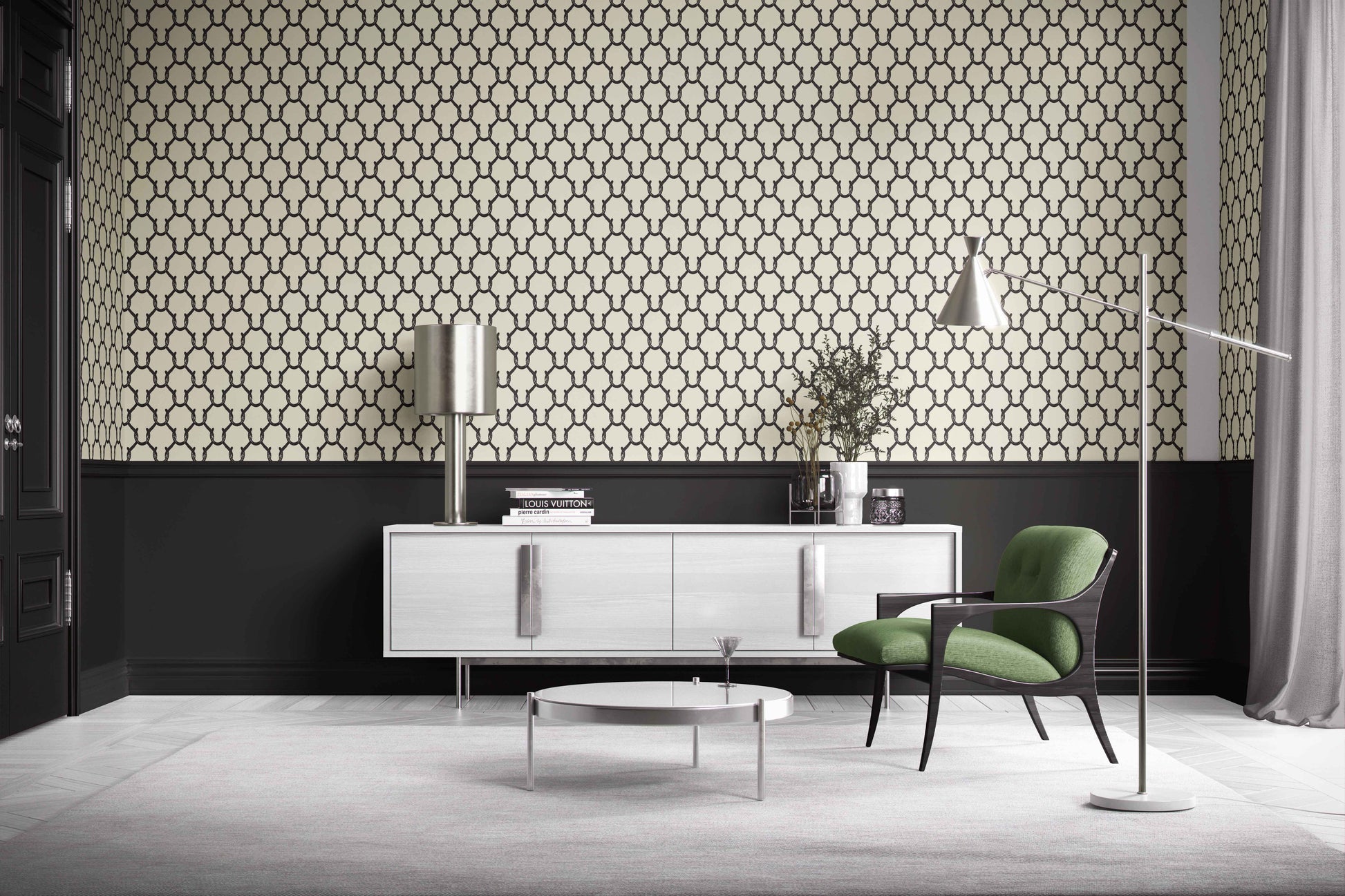 black_A roll of wallpaper with a beige and black geometric pattern featuring shapes resembling horseshoes, consistent with equestrian themes.