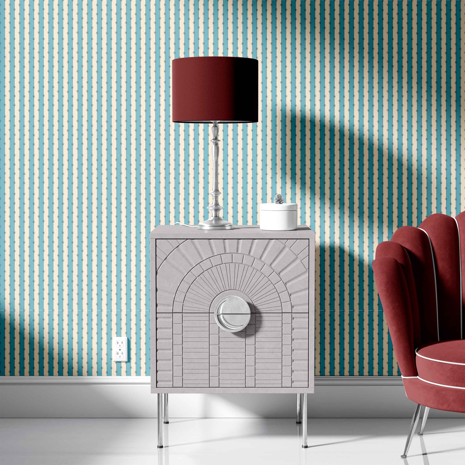 blue_A roll of wallpaper with a striped pattern featuring blue and beige colors.