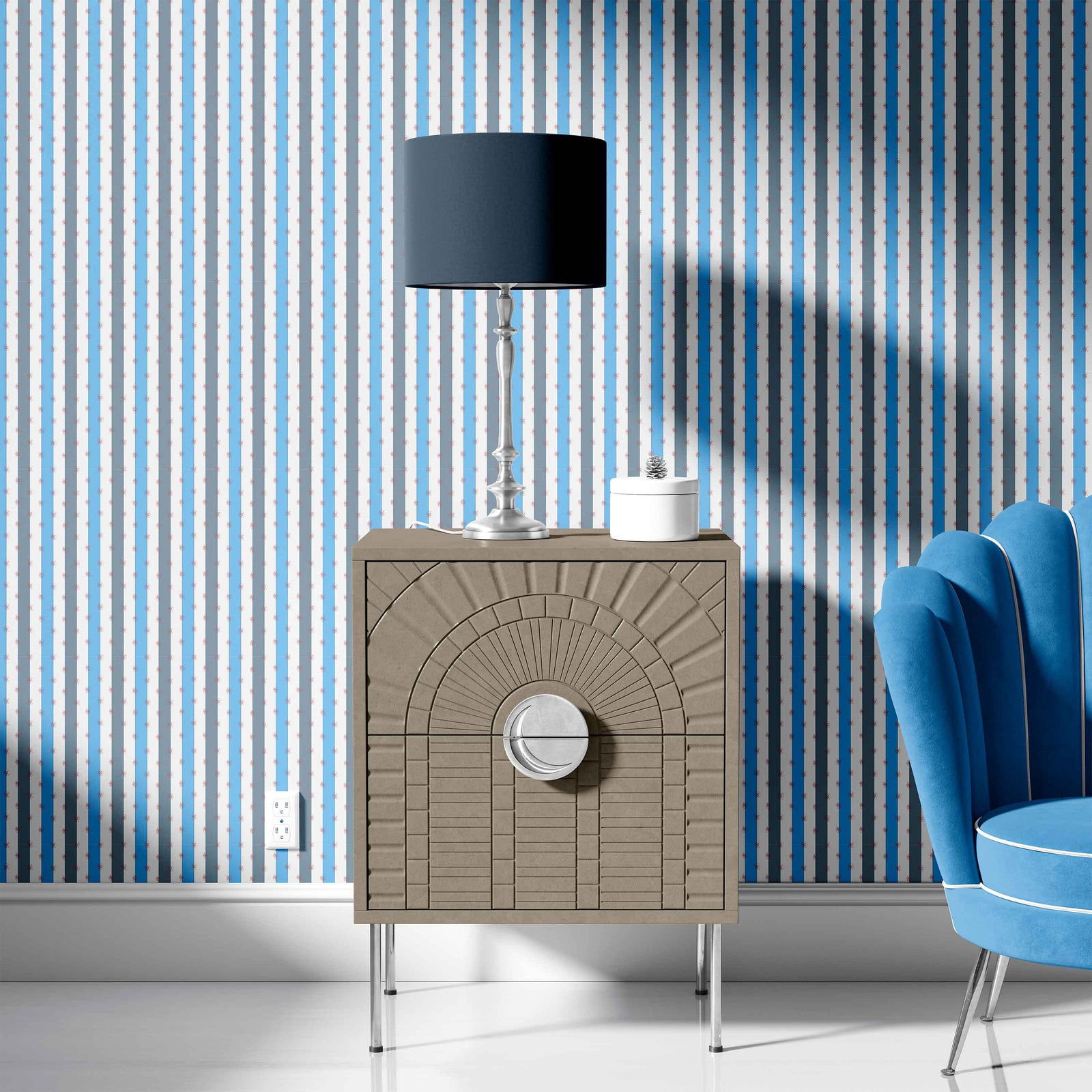 slate_A roll of wallpaper with a striped pattern featuring slate and blue colors.