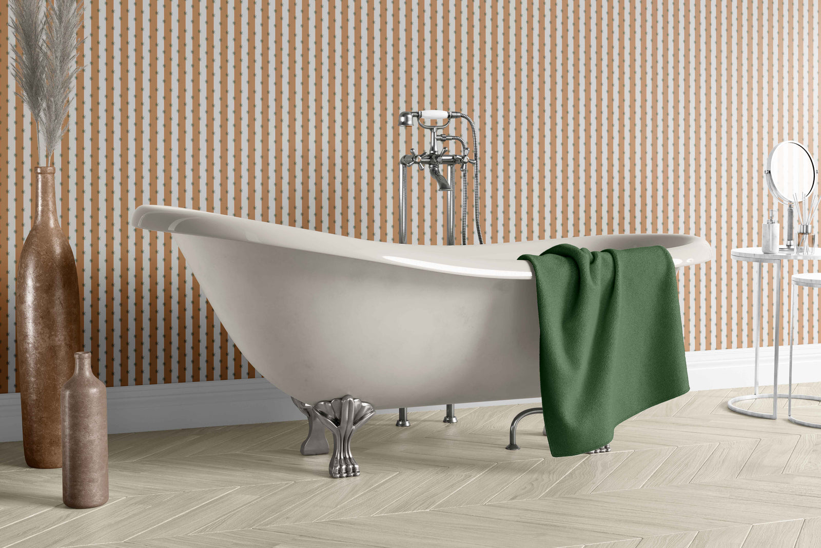 tan_A roll of wallpaper with a striped pattern featuring tan and white colors.