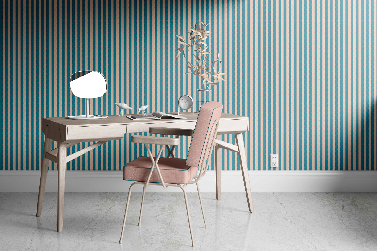 light-blue_A roll of wallpaper with a striped pattern featuring tan and light blue colors.
