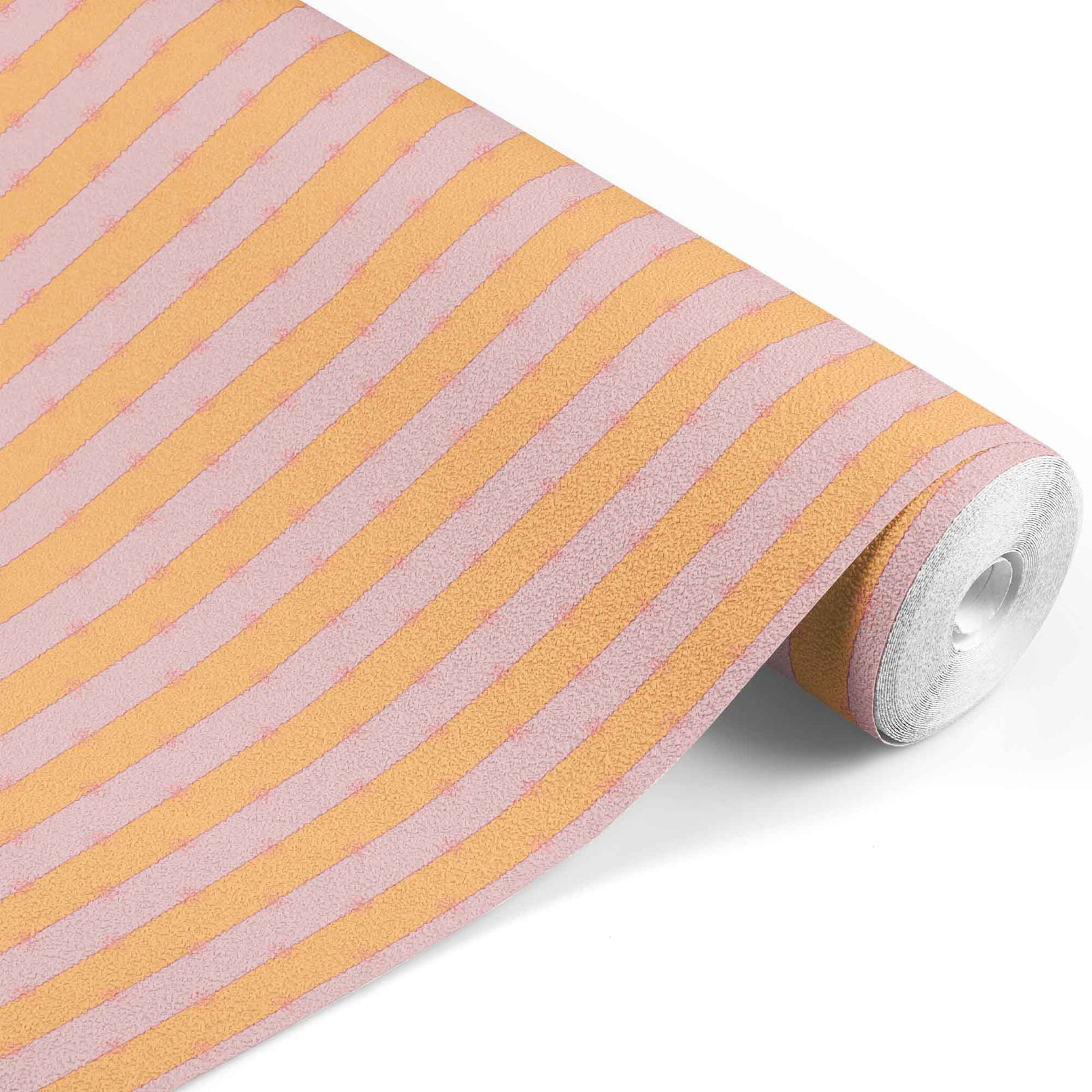 peach_A roll of wallpaper with a striped pattern featuring peach and pink colors.
