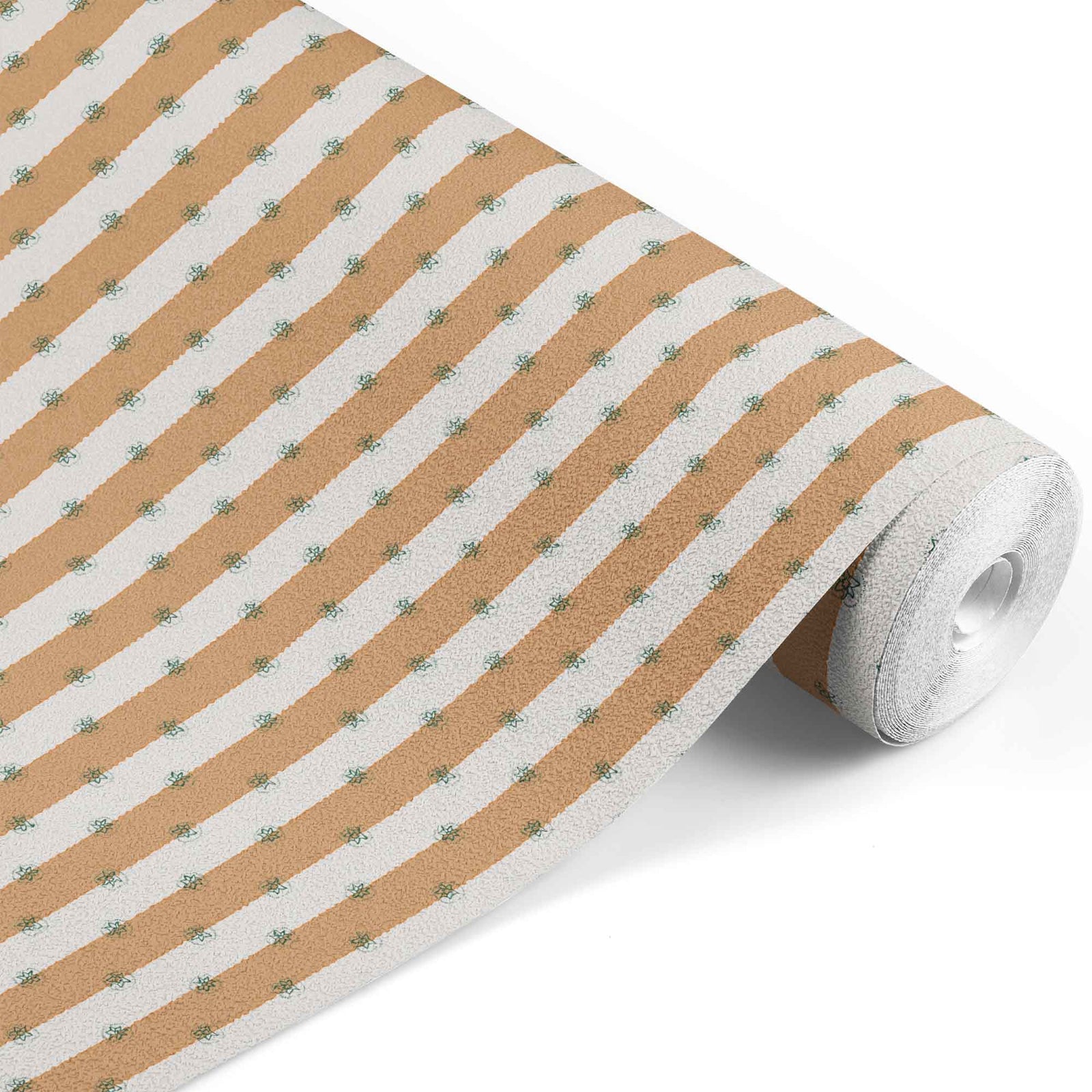 tan_A roll of wallpaper with a striped pattern featuring tan and white colors.