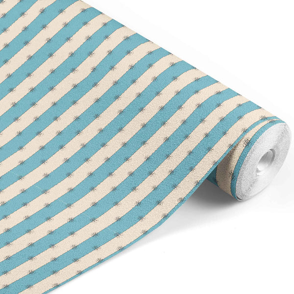 blue_A roll of wallpaper with a striped pattern featuring blue and beige colors.
