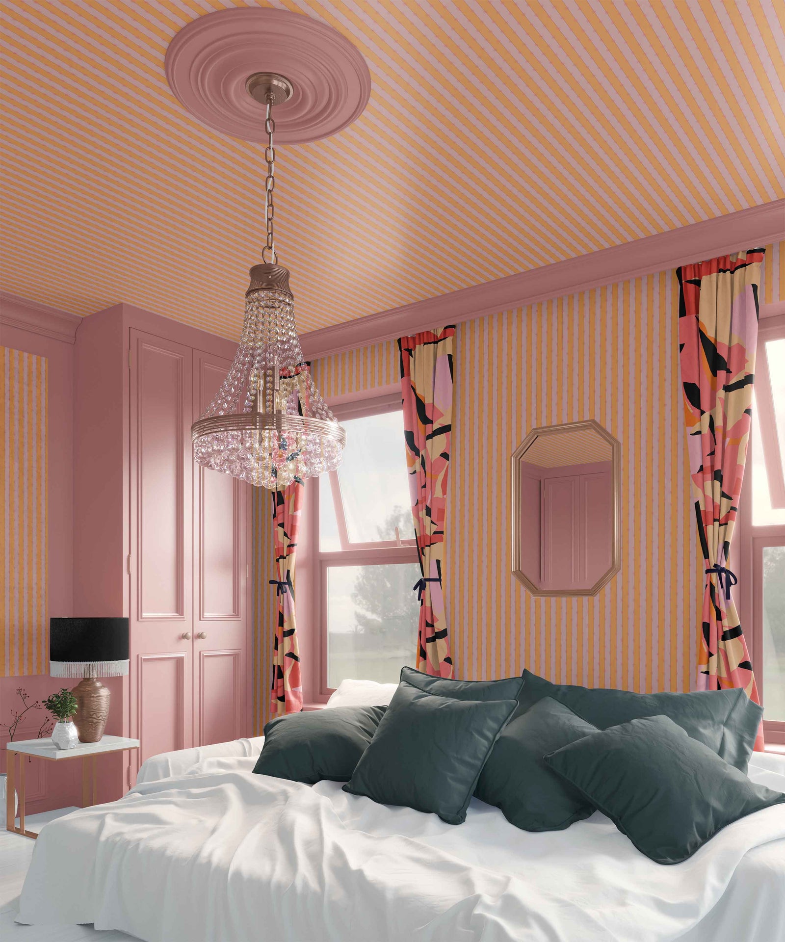 peach_A roll of wallpaper with a striped pattern featuring peach and pink colors.