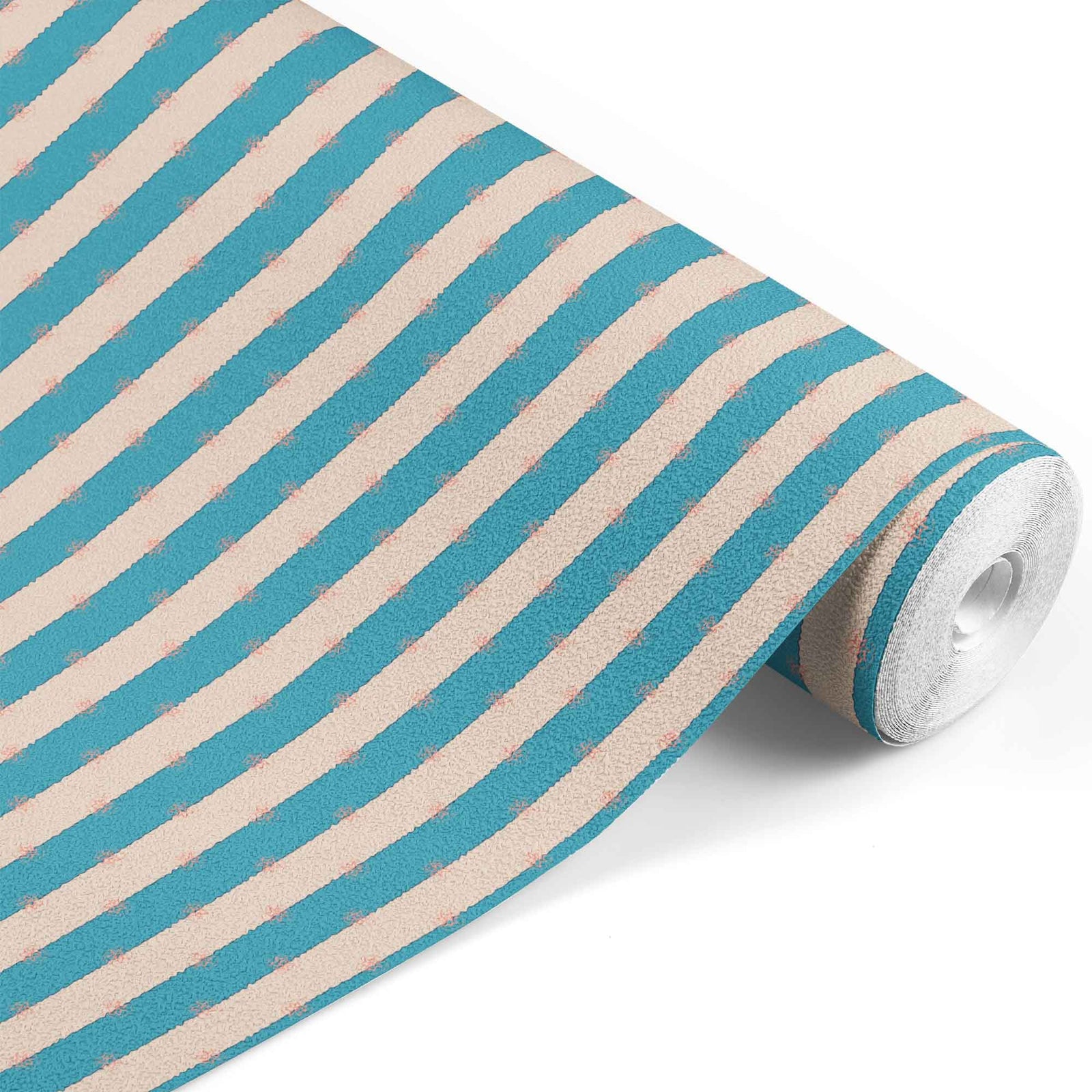 light-blue_A roll of wallpaper with a striped pattern featuring tan and light blue colors.