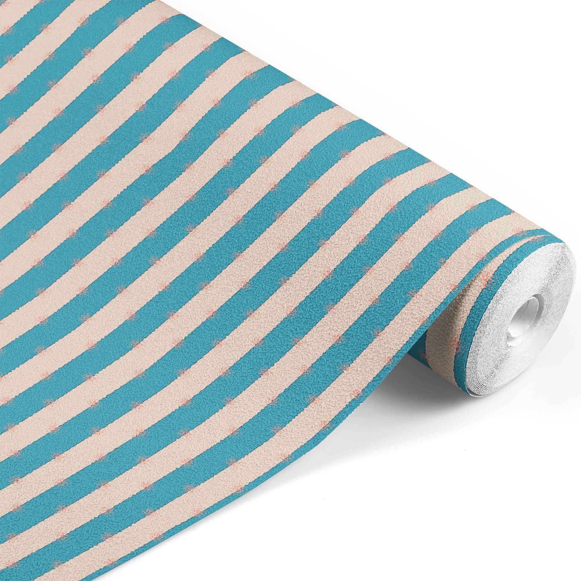 light-blue_A roll of wallpaper with a striped pattern featuring tan and light blue colors.