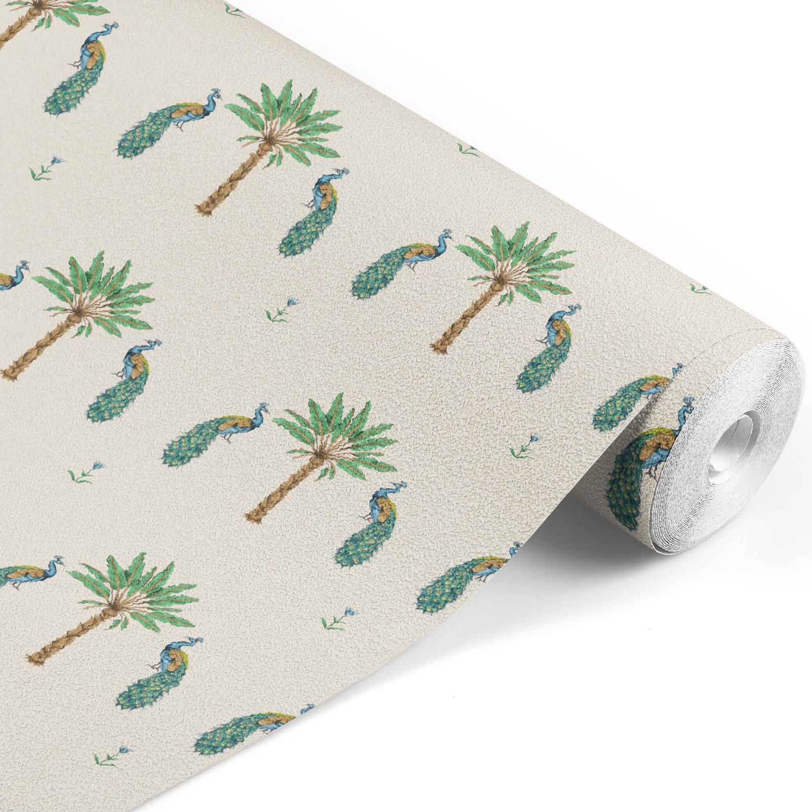 cream_pattern of peacocks and palm trees on a cream background