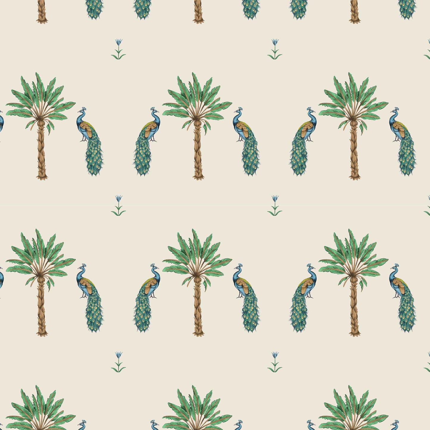 cream_pattern of peacocks and palm trees on a cream background