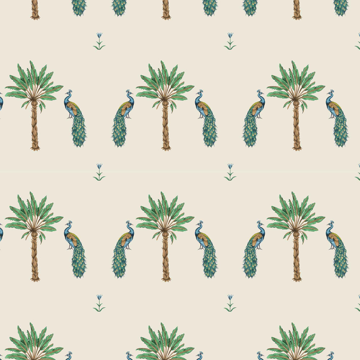 cream_pattern of peacocks and palm trees on a cream background