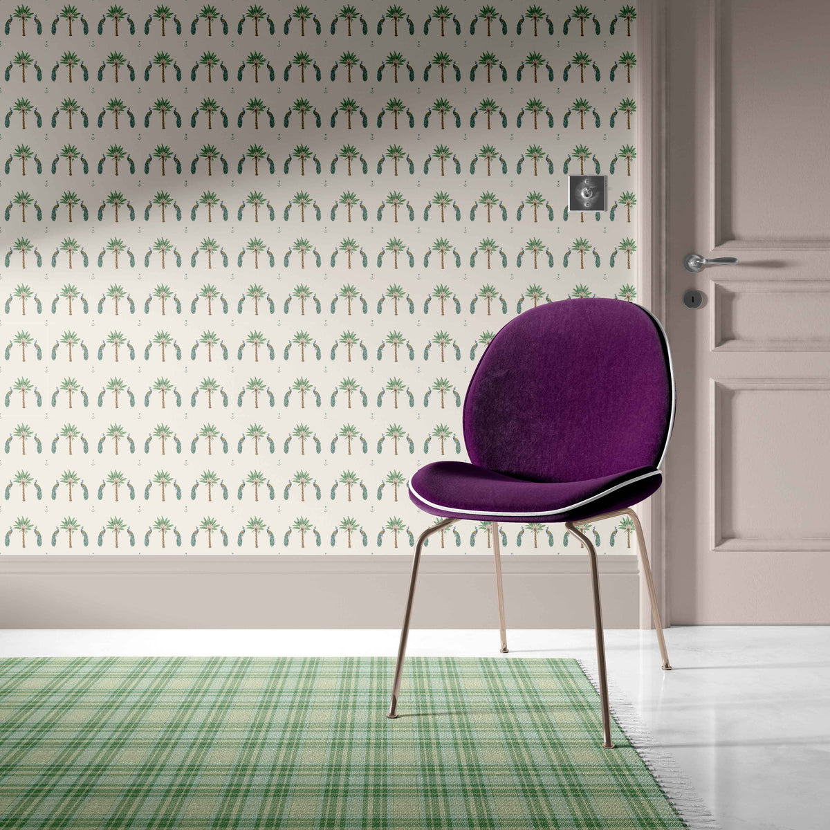 cream_pattern of peacocks and palm trees on a cream background