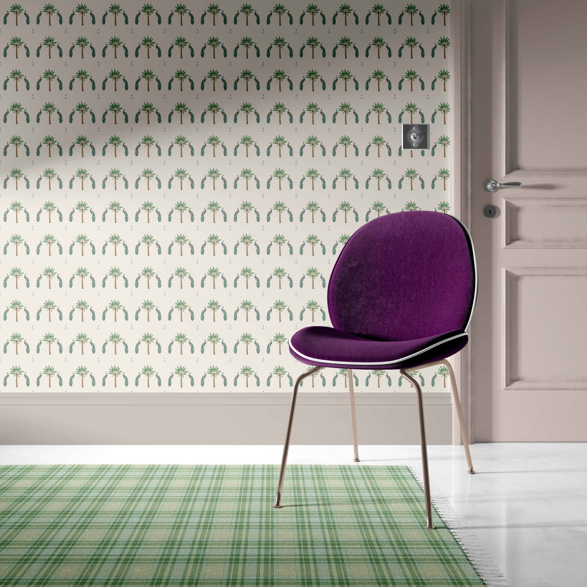 cream_pattern of peacocks and palm trees on a cream background