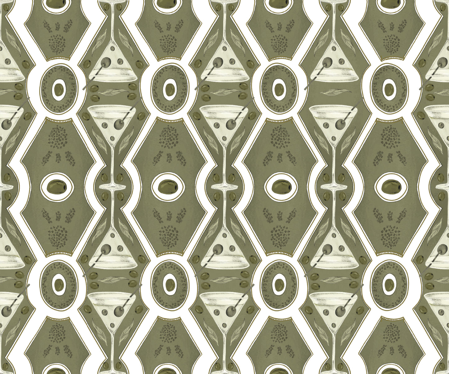 sage_Pattern of green cocktail glasses and geometric shapes on a green background