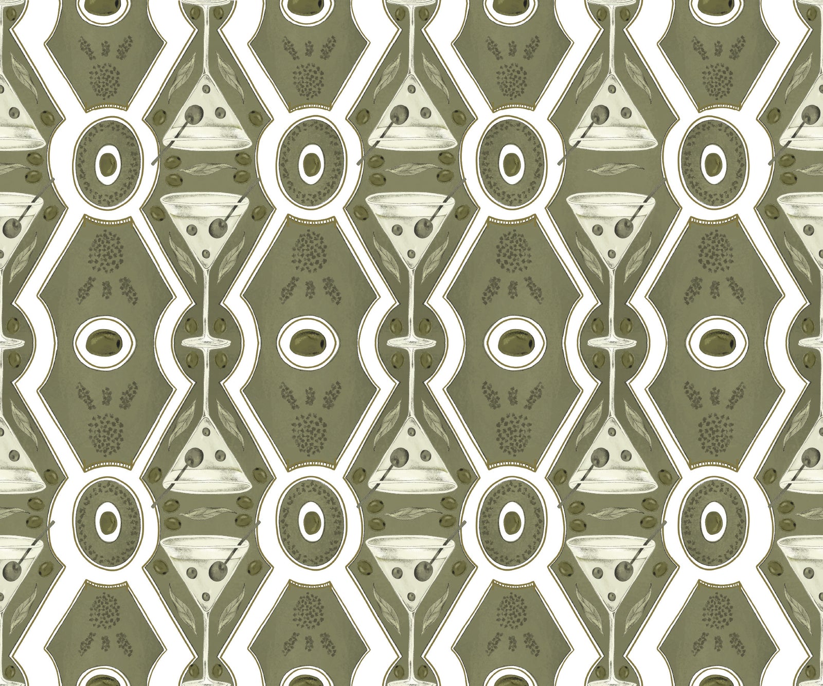 sage_Pattern of green cocktail glasses and geometric shapes on a green background