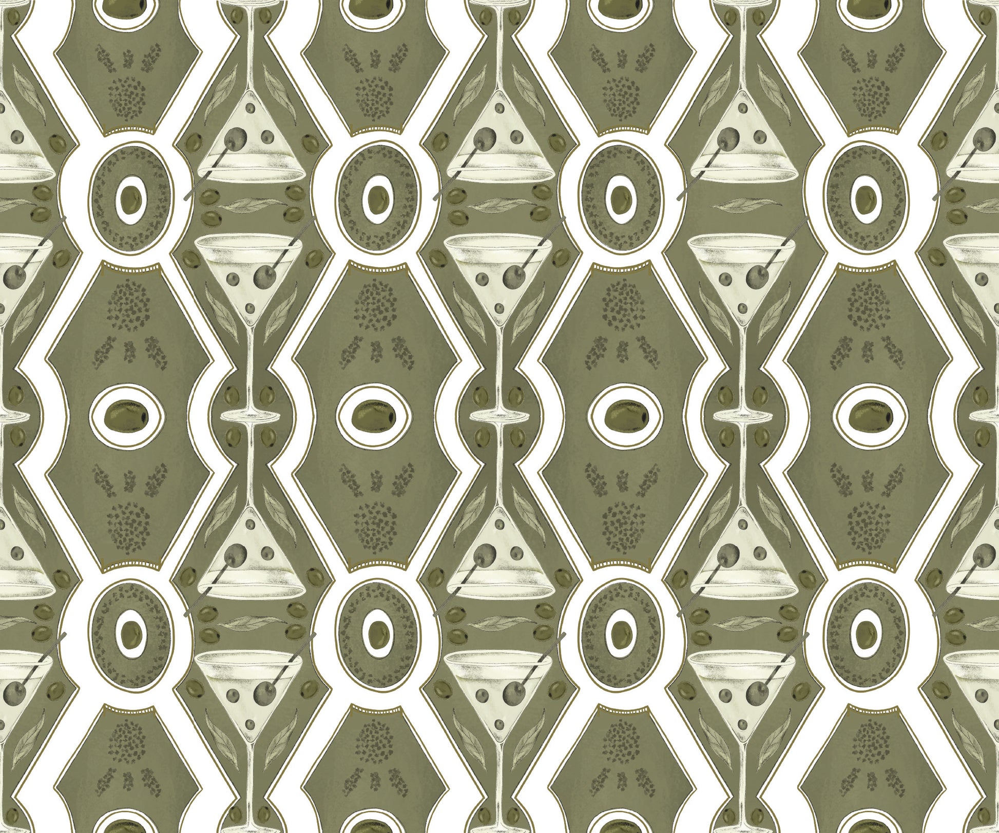 sage_Pattern of green cocktail glasses and geometric shapes on a green background