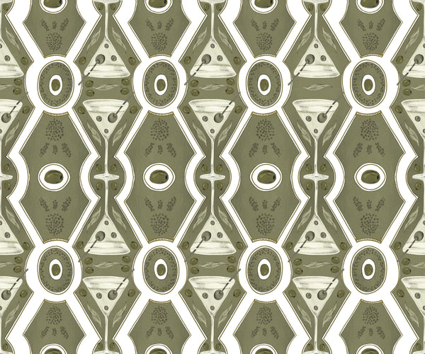 sage_Pattern of green cocktail glasses and geometric shapes on a green background