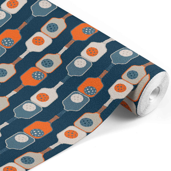 navy_wallpaper with a pattern featuring pickleball paddles in navy and orange colors.