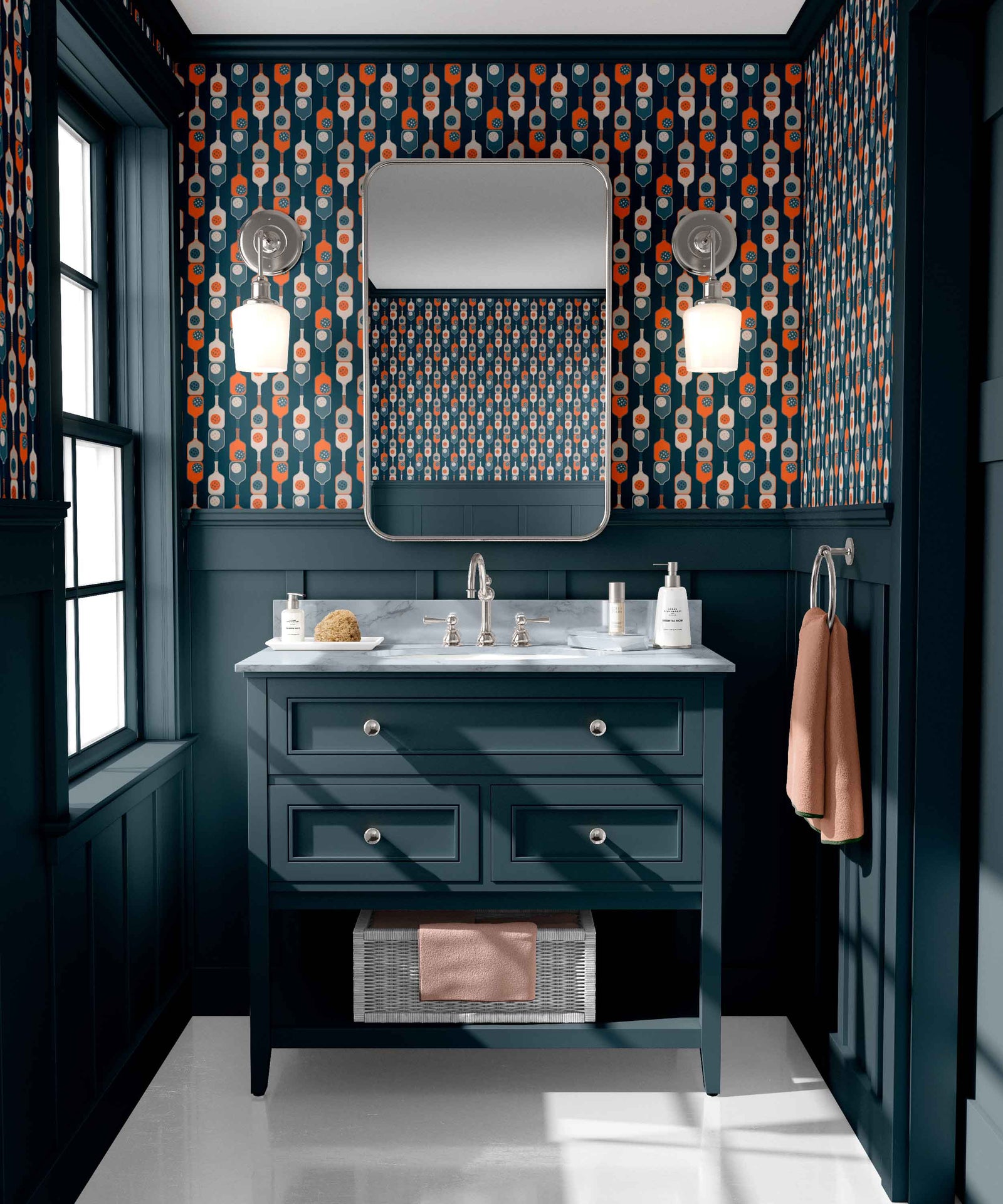 navy_wallpaper with a pattern featuring pickleball paddles in navy and orange colors.