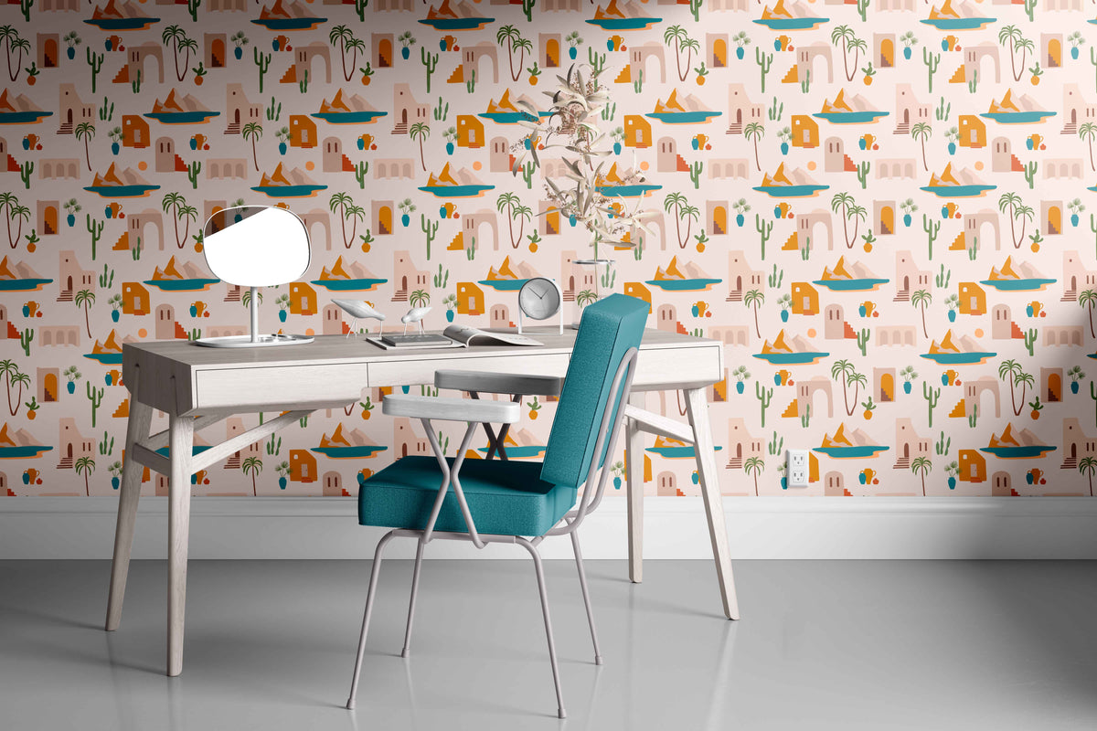 light-tan_Seamless desert-inspired pattern featuring stylized adobe buildings, cacti, palm trees, mountains, and pottery in warm earthy tones of terracotta, sand, and beige with accents of teal and muted green on a light neutral background.