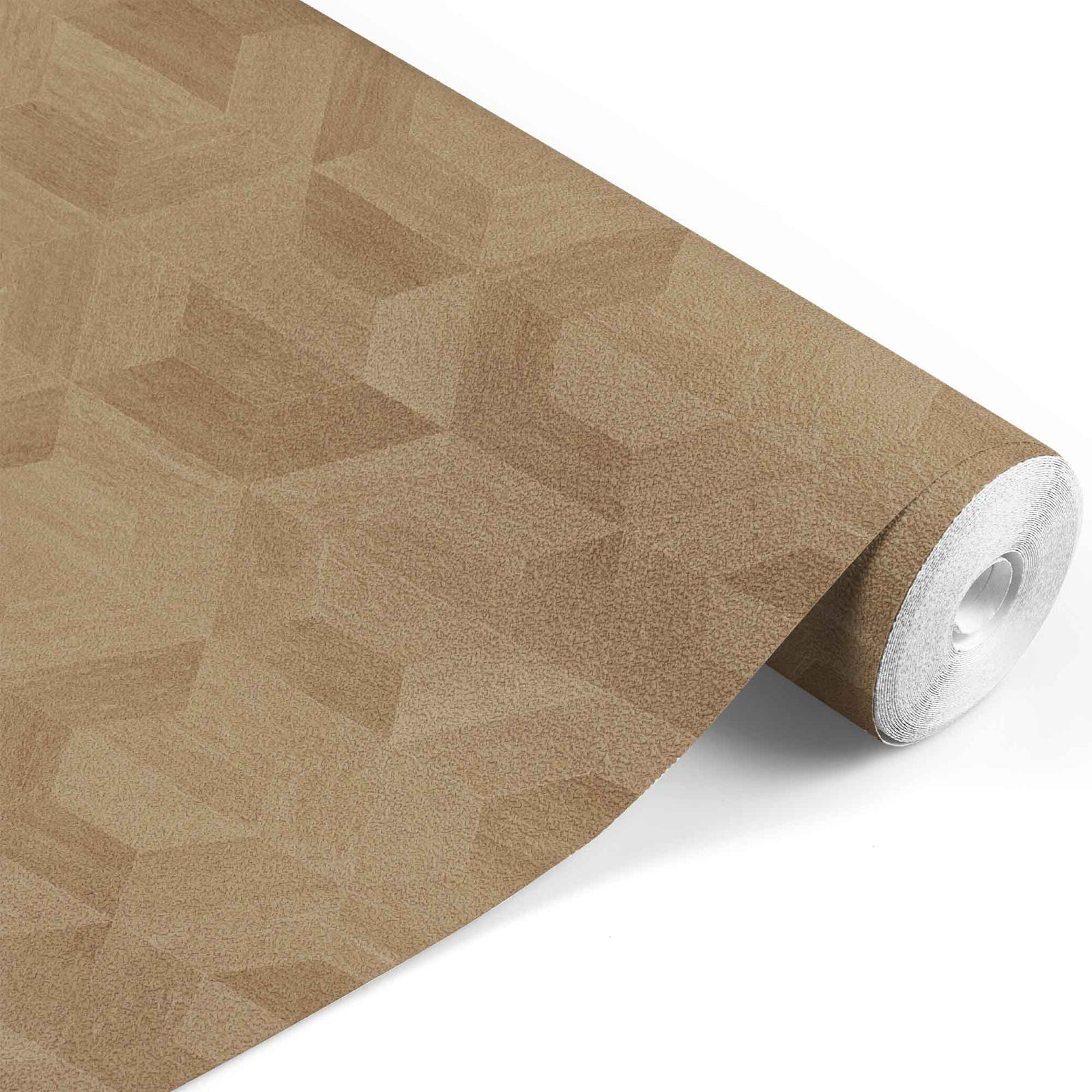 carmel_Geometric woodgrain pattern featuring interlocking hexagonal cube shapes in varied warm brown tones, creating a subtle 3D effect with natural texture across a seamless repeat.