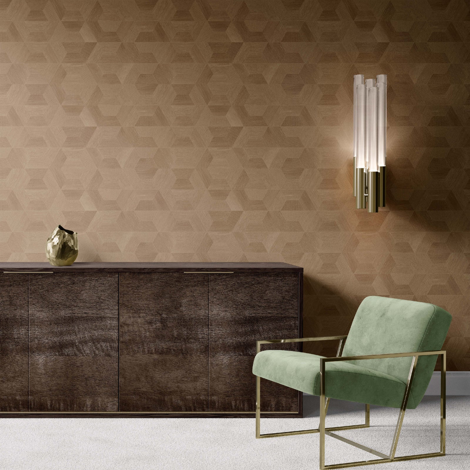 carmel_Geometric woodgrain pattern featuring interlocking hexagonal cube shapes in varied warm brown tones, creating a subtle 3D effect with natural texture across a seamless repeat.