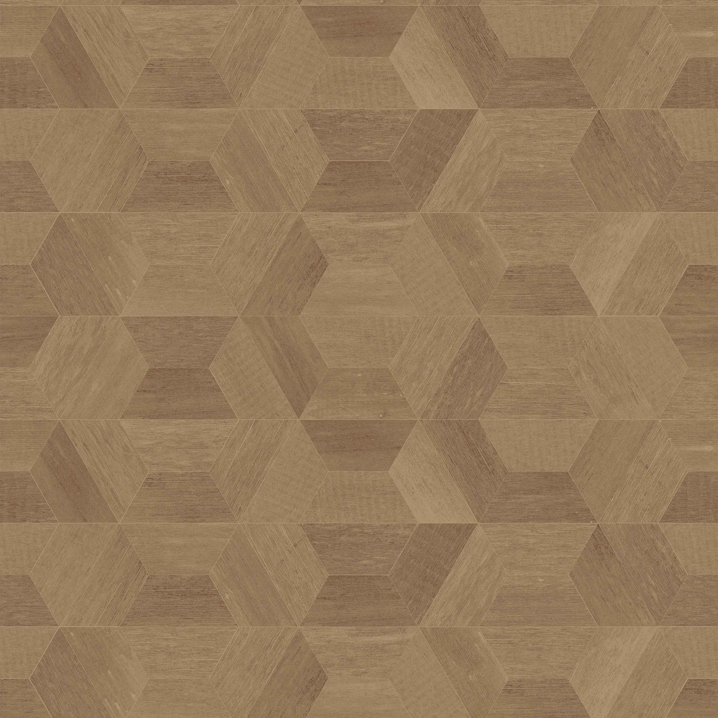 carmel_Geometric woodgrain pattern featuring interlocking hexagonal cube shapes in varied warm brown tones, creating a subtle 3D effect with natural texture across a seamless repeat.