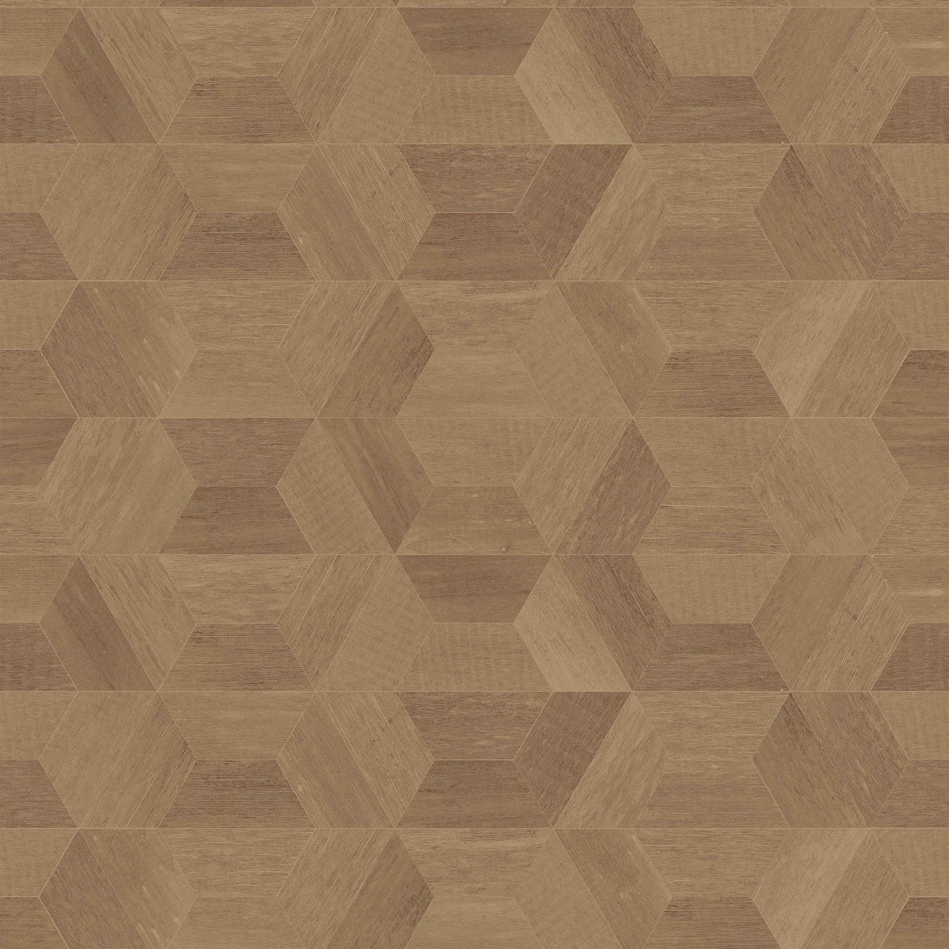 carmel_Geometric woodgrain pattern featuring interlocking hexagonal cube shapes in varied warm brown tones, creating a subtle 3D effect with natural texture across a seamless repeat.