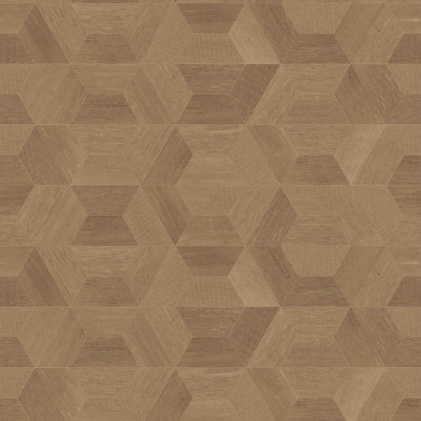 carmel_Geometric woodgrain pattern featuring interlocking hexagonal cube shapes in varied warm brown tones, creating a subtle 3D effect with natural texture across a seamless repeat.