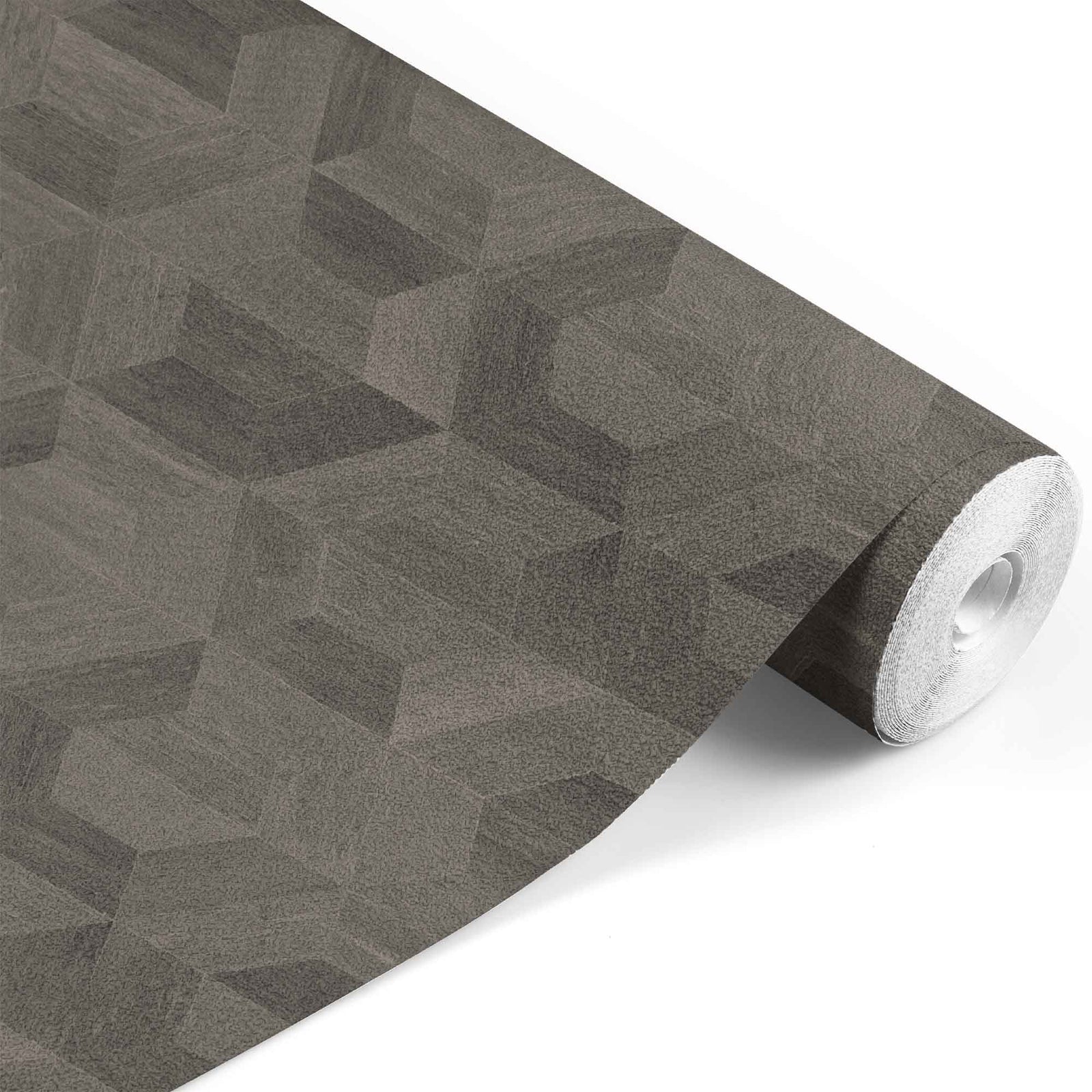 grey_Geometric woodgrain pattern featuring interlocking hexagonal cube shapes in cool gray and charcoal tones, creating a subtle 3D effect with natural texture in a seamless repeat.
