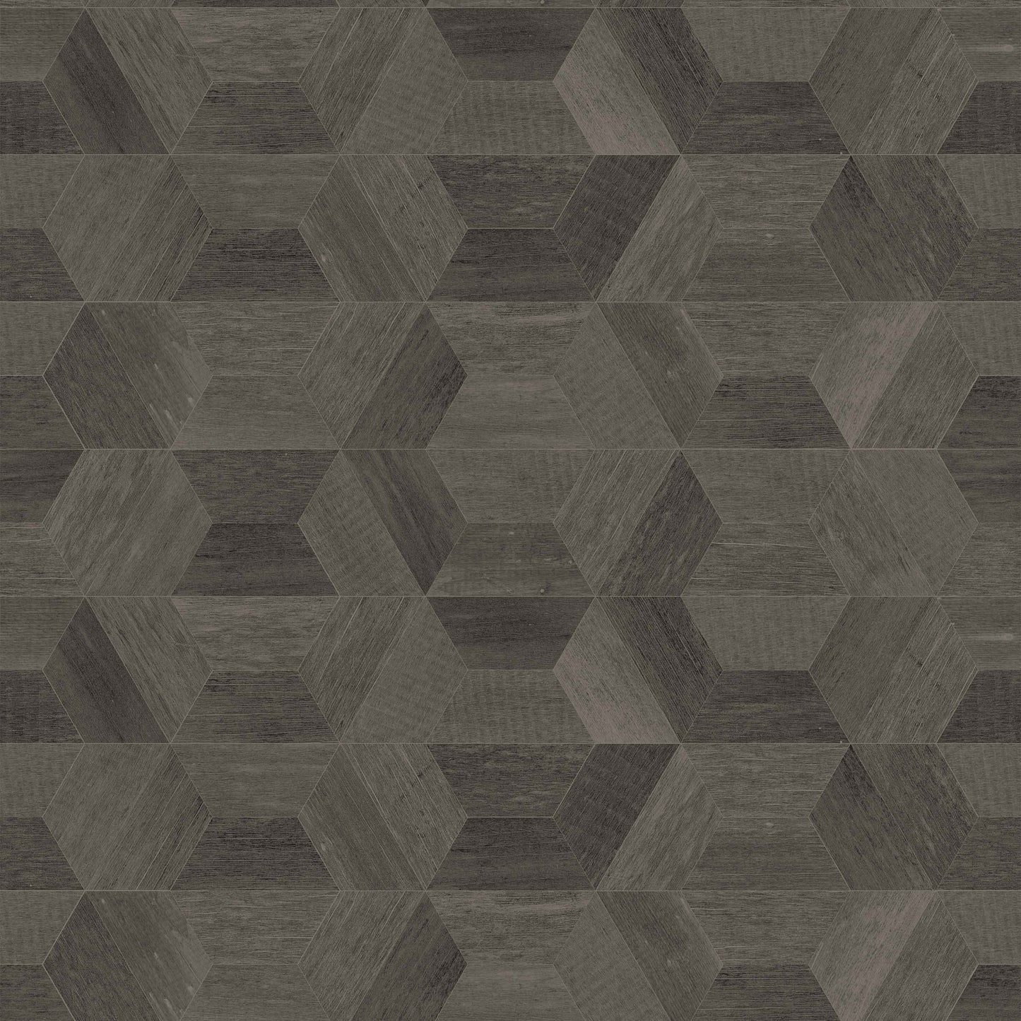 grey_Geometric woodgrain pattern featuring interlocking hexagonal cube shapes in cool gray and charcoal tones, creating a subtle 3D effect with natural texture in a seamless repeat.