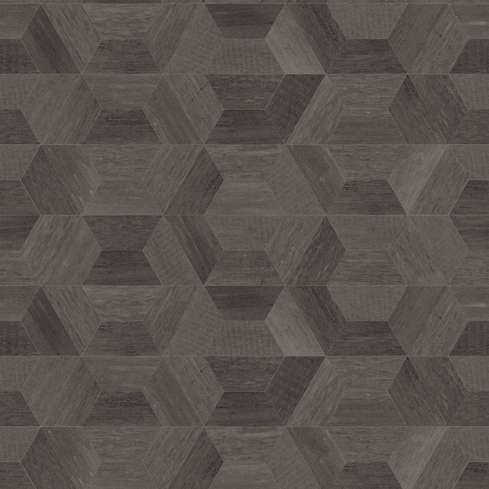 grey_Geometric woodgrain pattern featuring interlocking hexagonal cube shapes in cool gray and charcoal tones, creating a subtle 3D effect with natural texture in a seamless repeat.