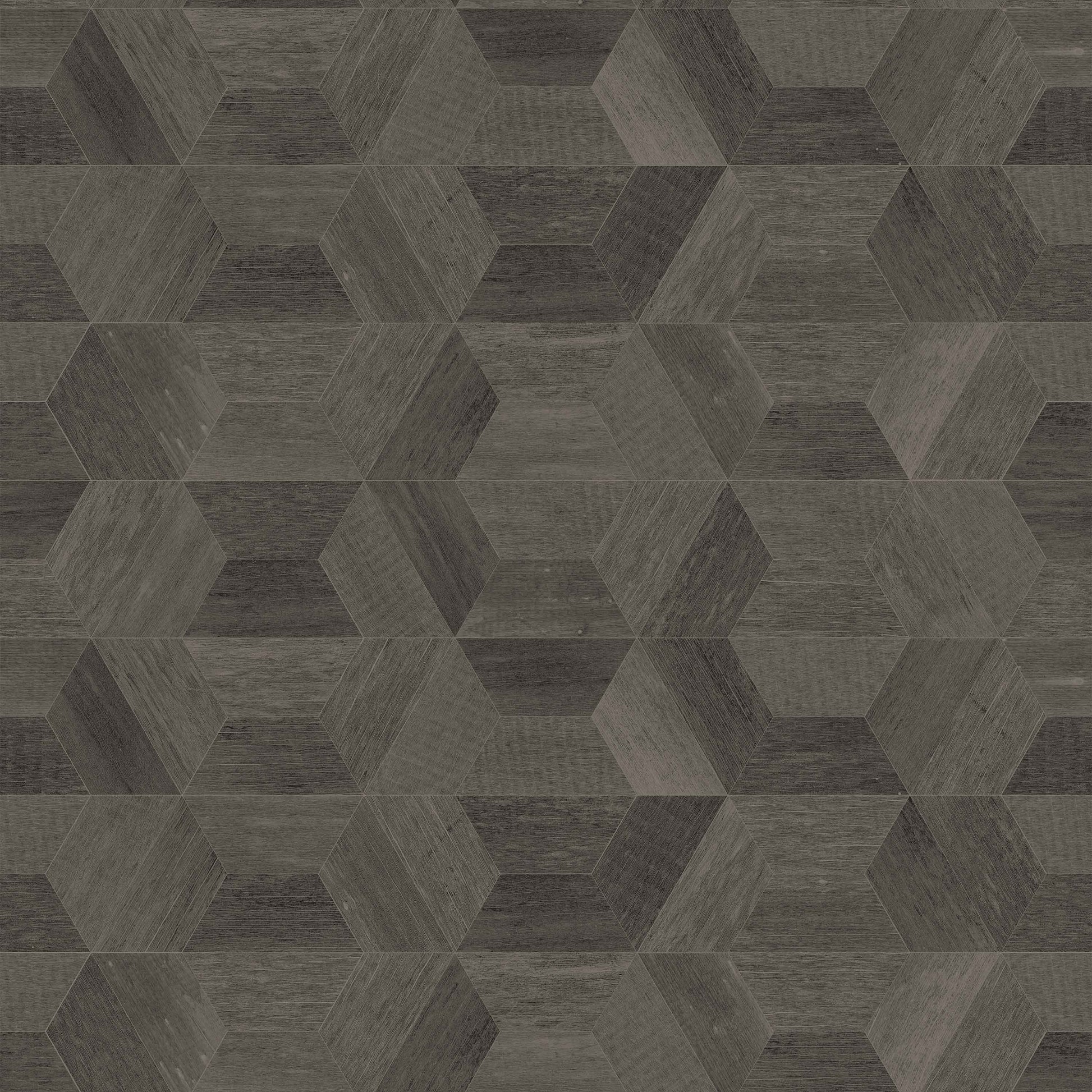 grey_Geometric woodgrain pattern featuring interlocking hexagonal cube shapes in cool gray and charcoal tones, creating a subtle 3D effect with natural texture in a seamless repeat.
