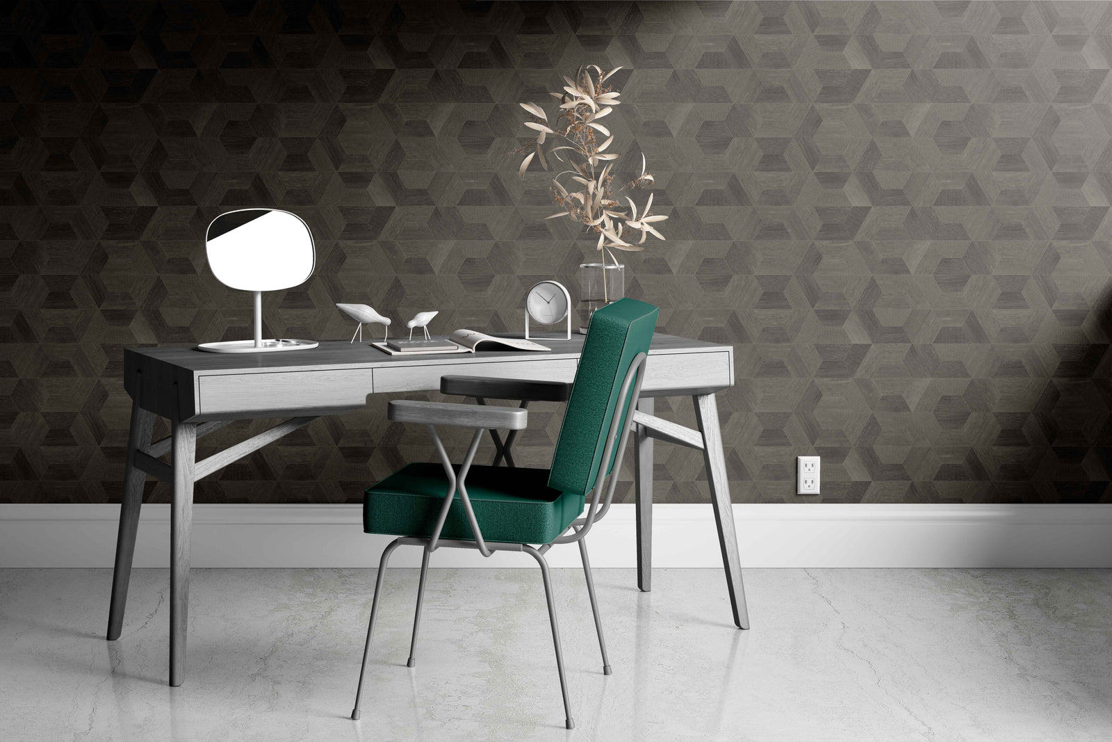 grey_Geometric woodgrain pattern featuring interlocking hexagonal cube shapes in cool gray and charcoal tones, creating a subtle 3D effect with natural texture in a seamless repeat.