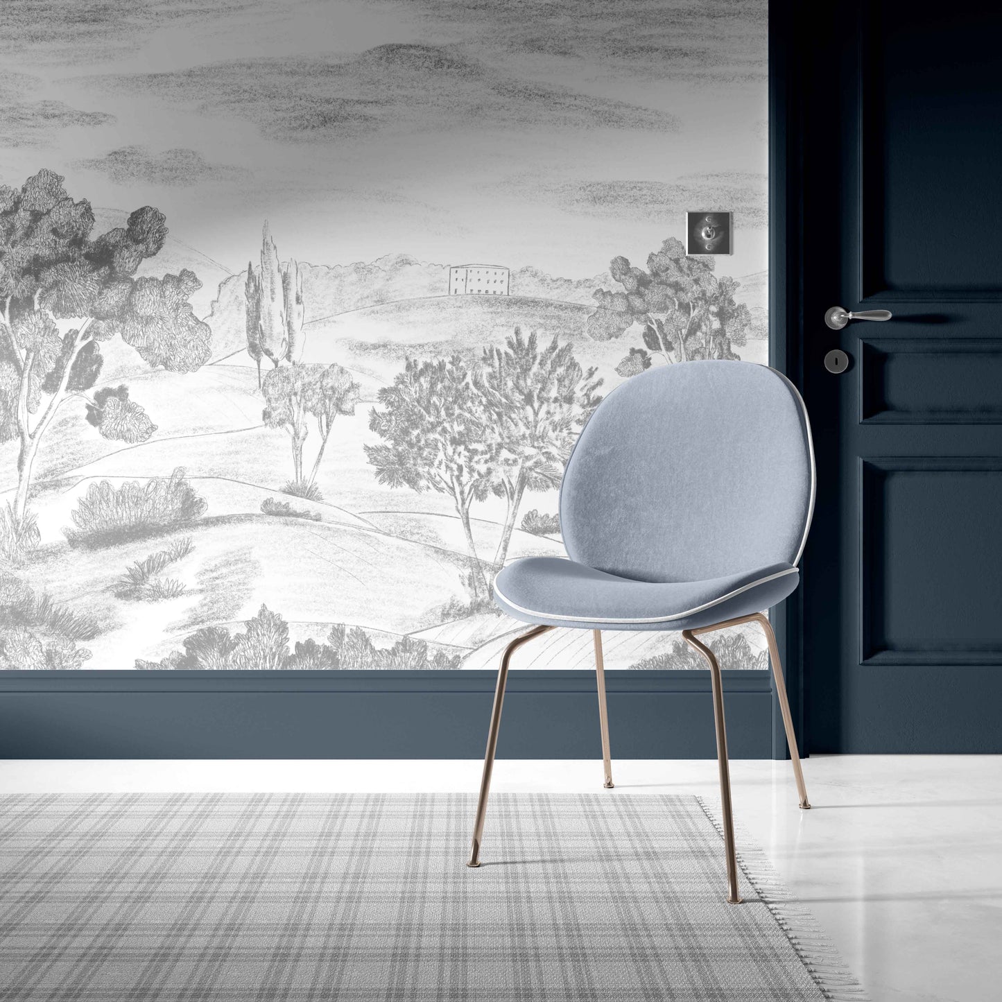 grey_A wallpaper mural featuring a landscape with trees and a subtle pattern sketch