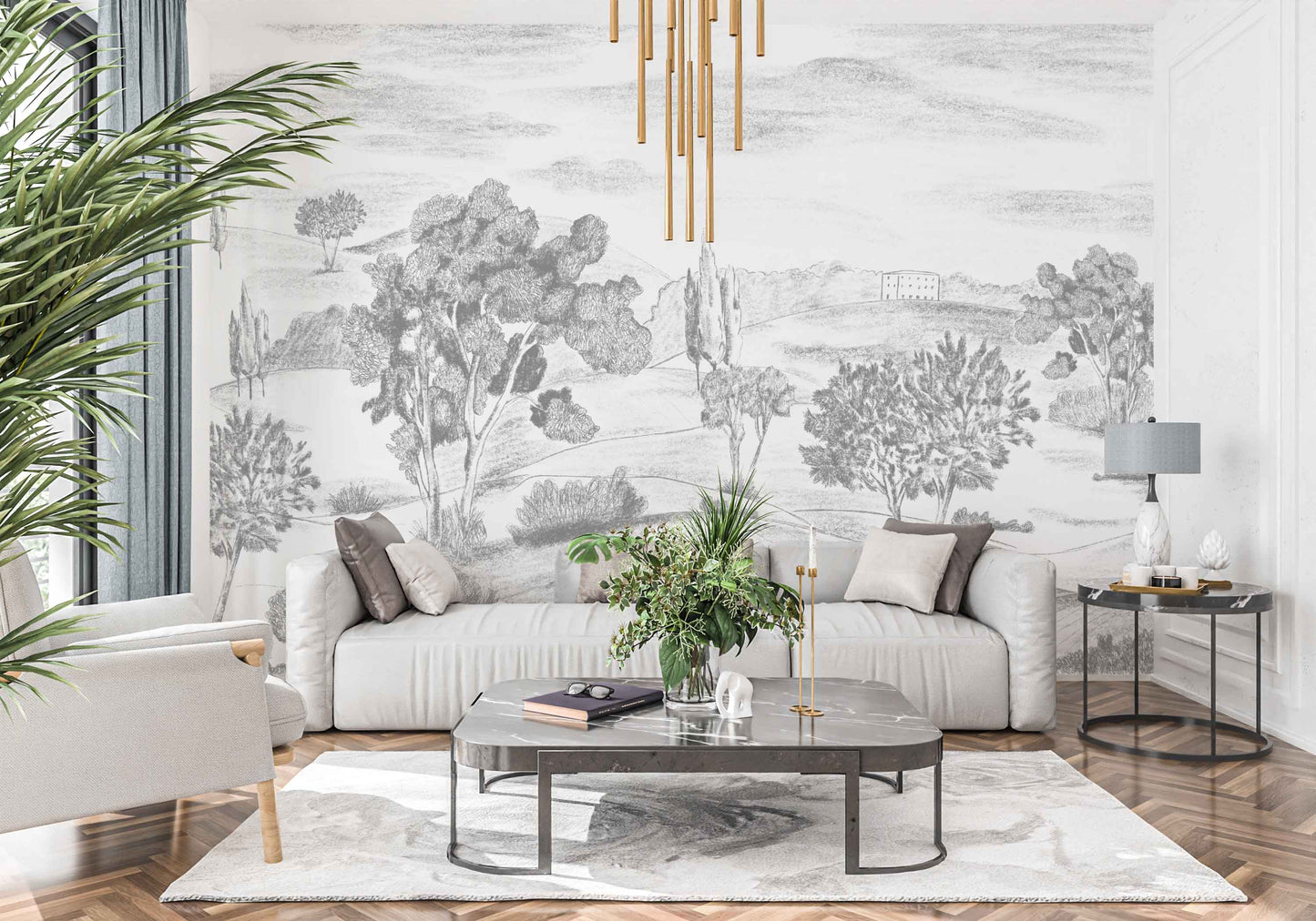 grey_A wallpaper mural featuring a landscape with trees and a subtle pattern sketch