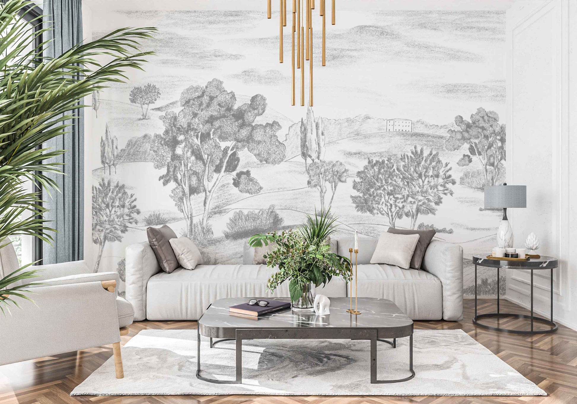 grey_A wallpaper mural featuring a landscape with trees and a subtle pattern sketch